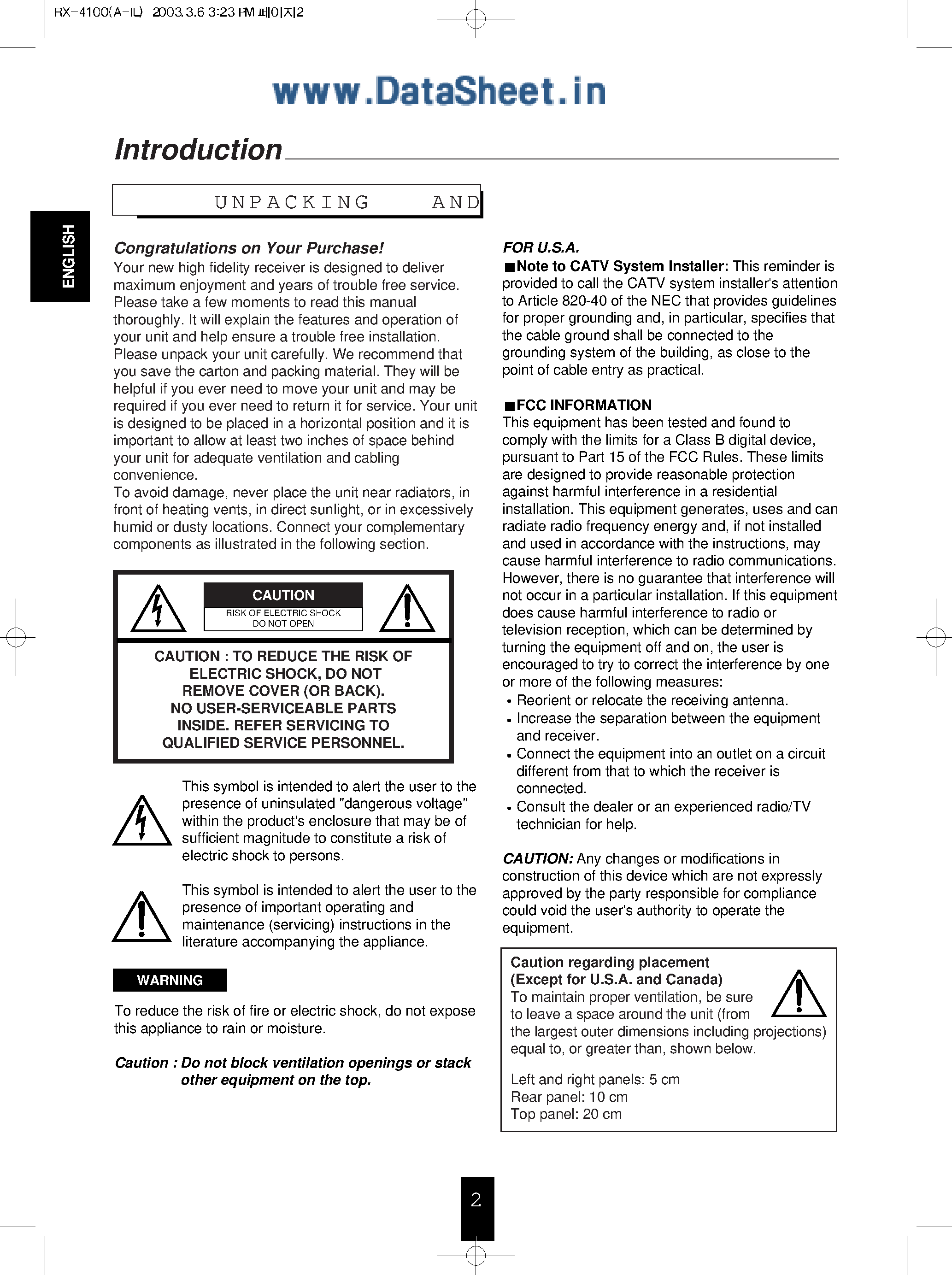 Даташит RX-4100 - AM/FM Stereo Receiver страница 2