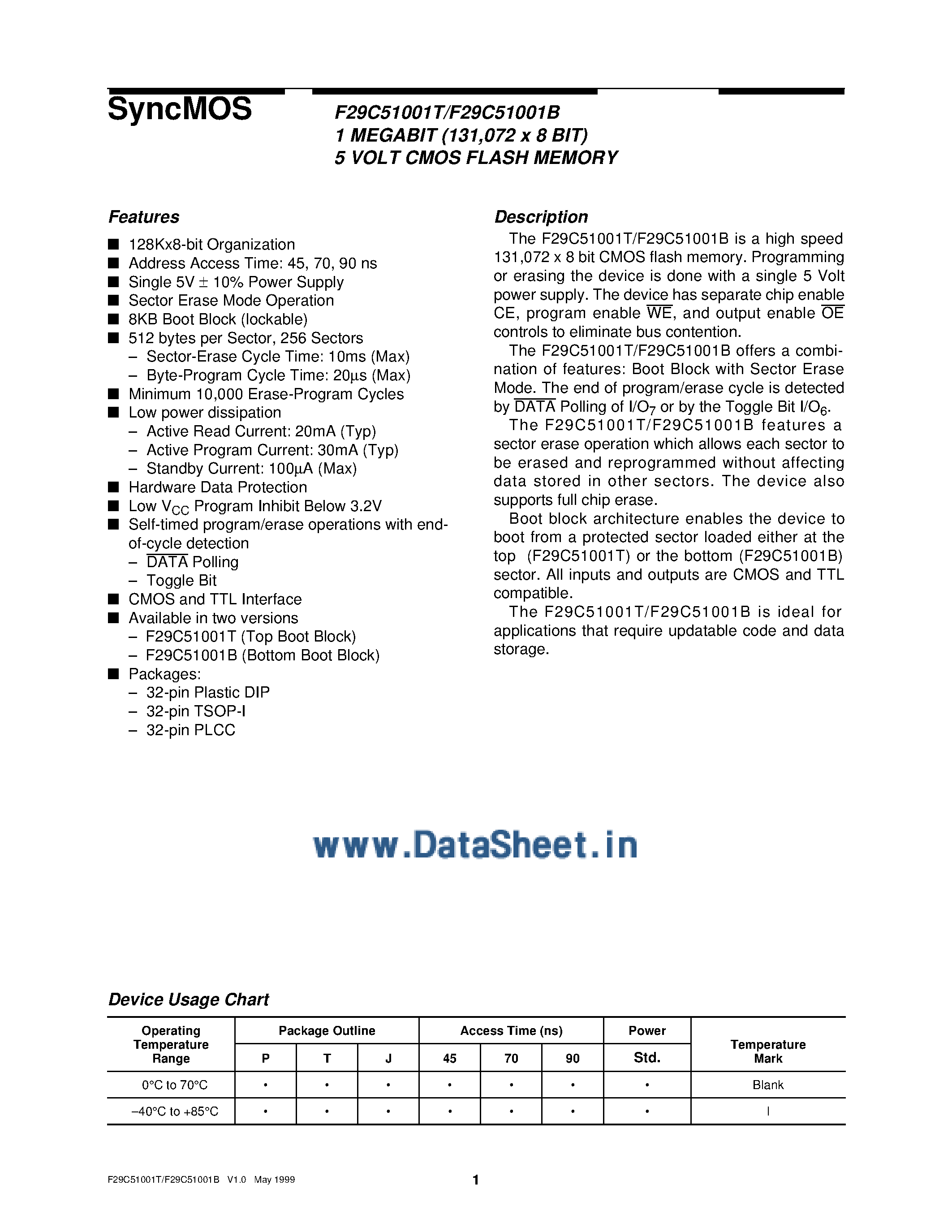 Datasheet F29C51001 page 1 Datasheet F29C51001 - 1M-Bit 5 Volt CMOS Flash Memory page 1