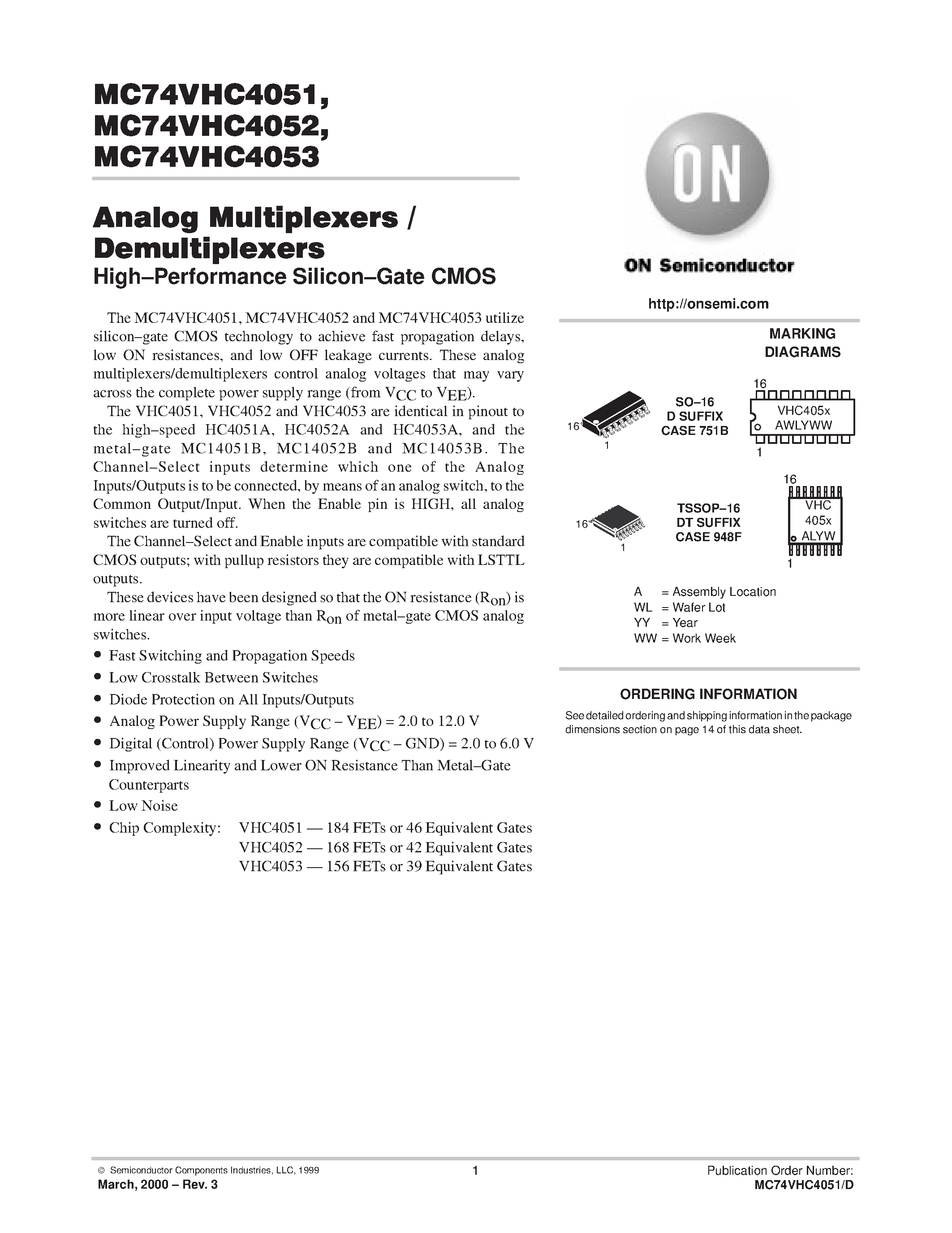 Datasheet MC74VHC4051 - (MC74VHC4051 - MC74VHC4053) Analog Multiplexers/Demultiplexers page 1