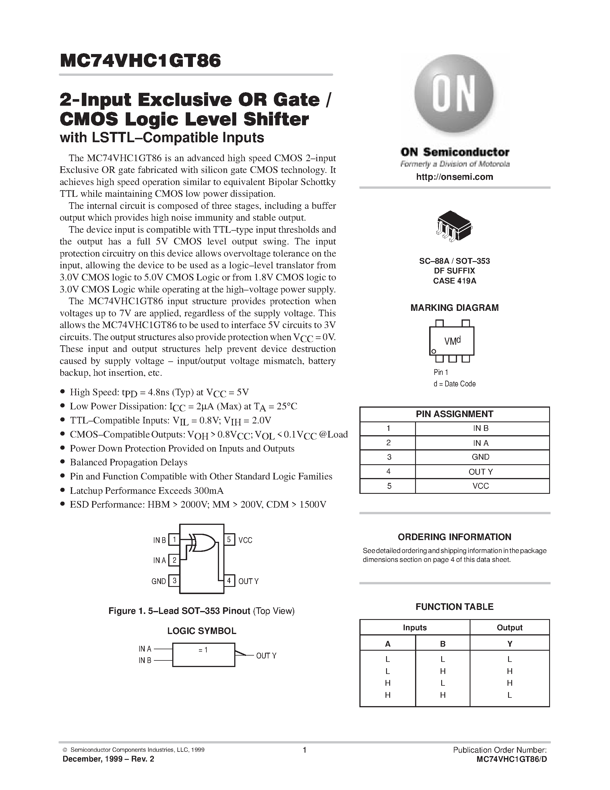 Datasheet MC74VHC1GT86 - 2-Input Exclusive OR Gate/CMOS Logic Level Shifter page 1