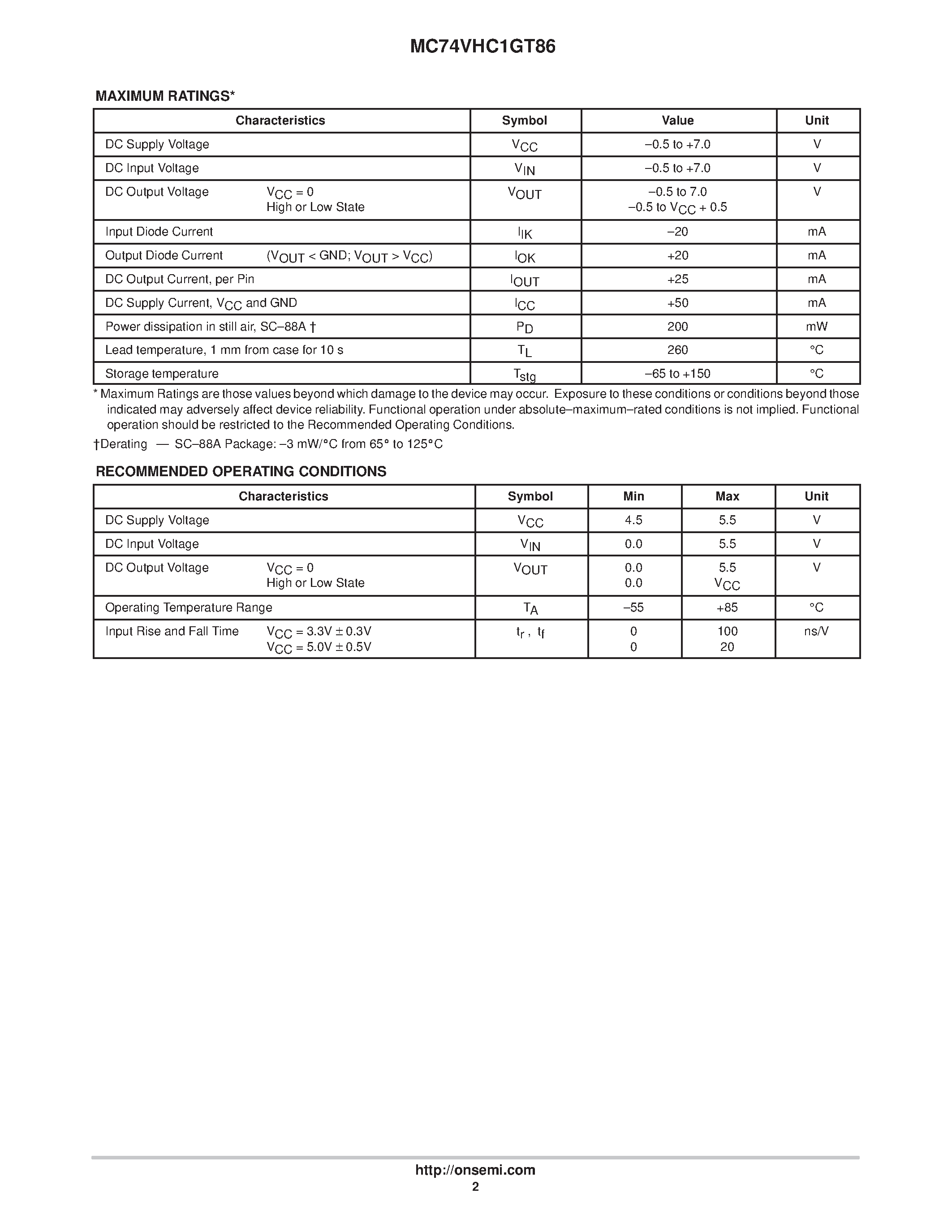 Datasheet MC74VHC1GT86 - 2-Input Exclusive OR Gate/CMOS Logic Level Shifter page 2
