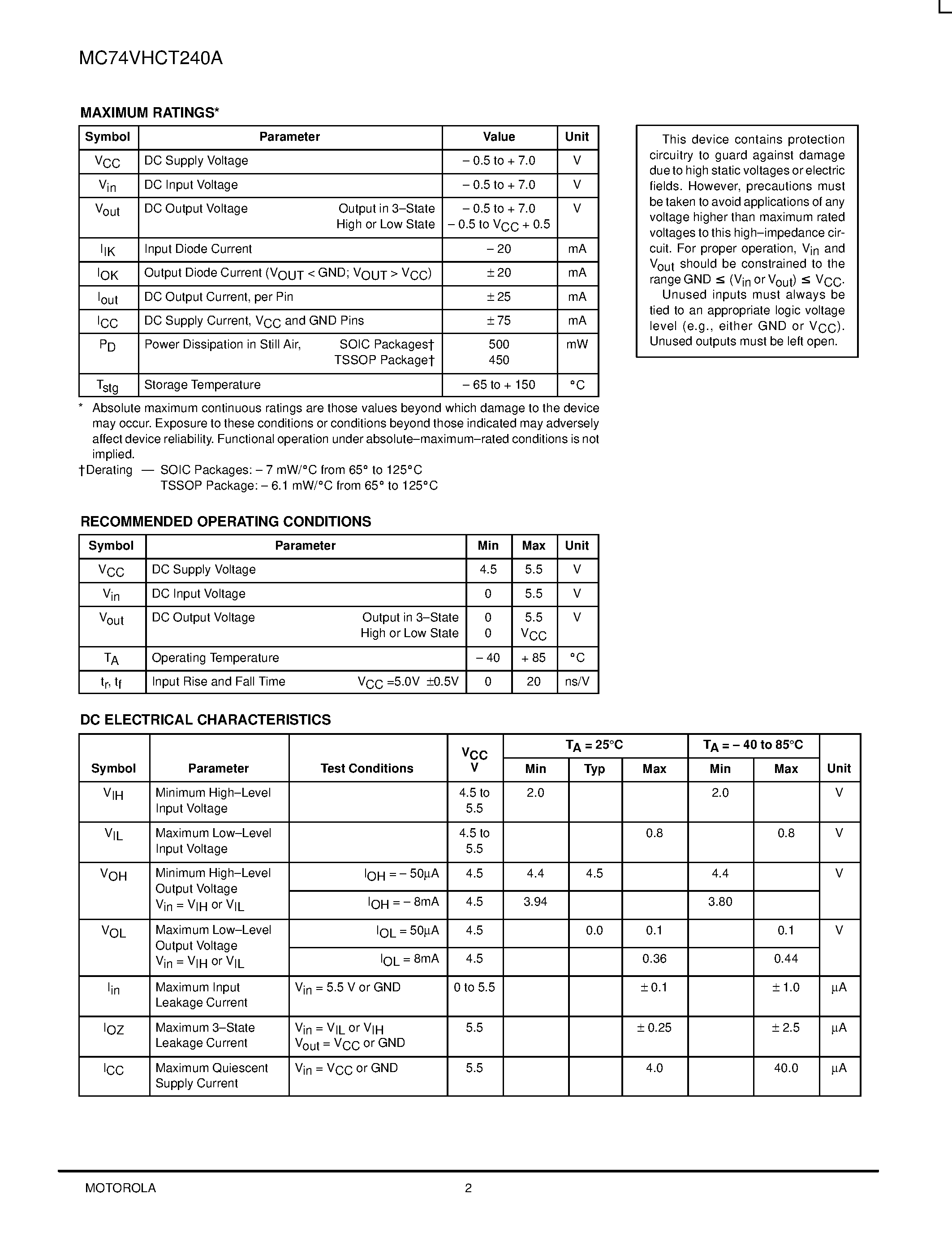 Datasheet MC74VHCT240A - Octal Bus Buffer/Line Driver page 2