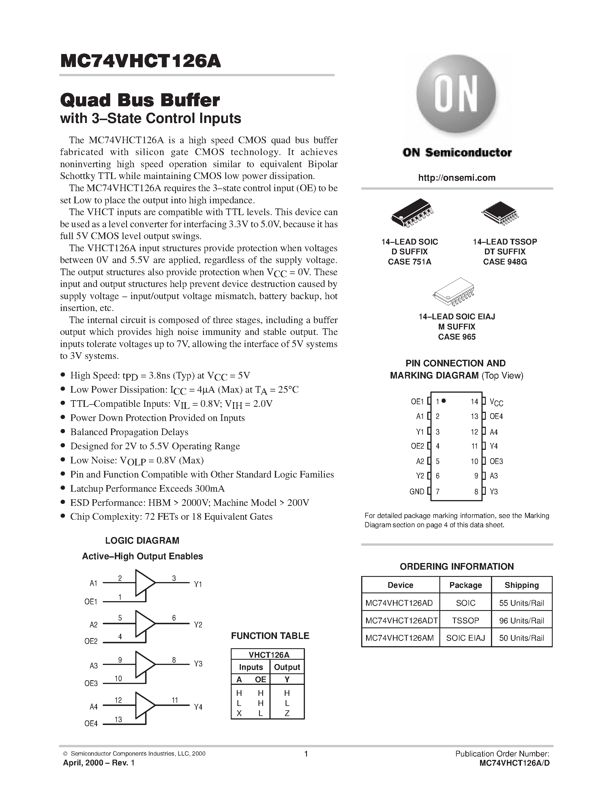 Даташит на микросхему MC74VHCT126A страница 1 Даташит MC74VHCT126A - Quad Bus Buffer страница 1