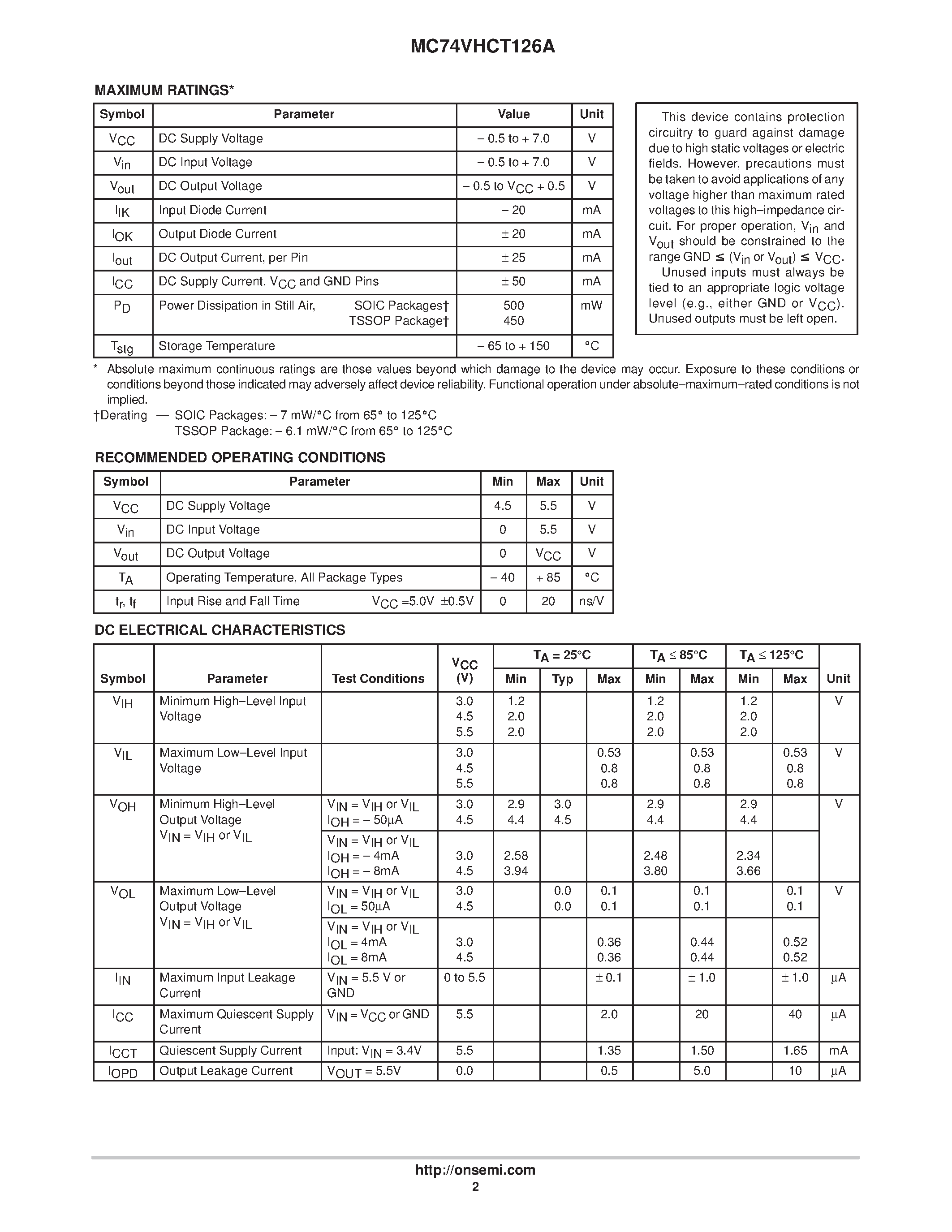 Даташит на микросхему MC74VHCT126A страница 2 Даташит MC74VHCT126A - Quad Bus Buffer страница 2