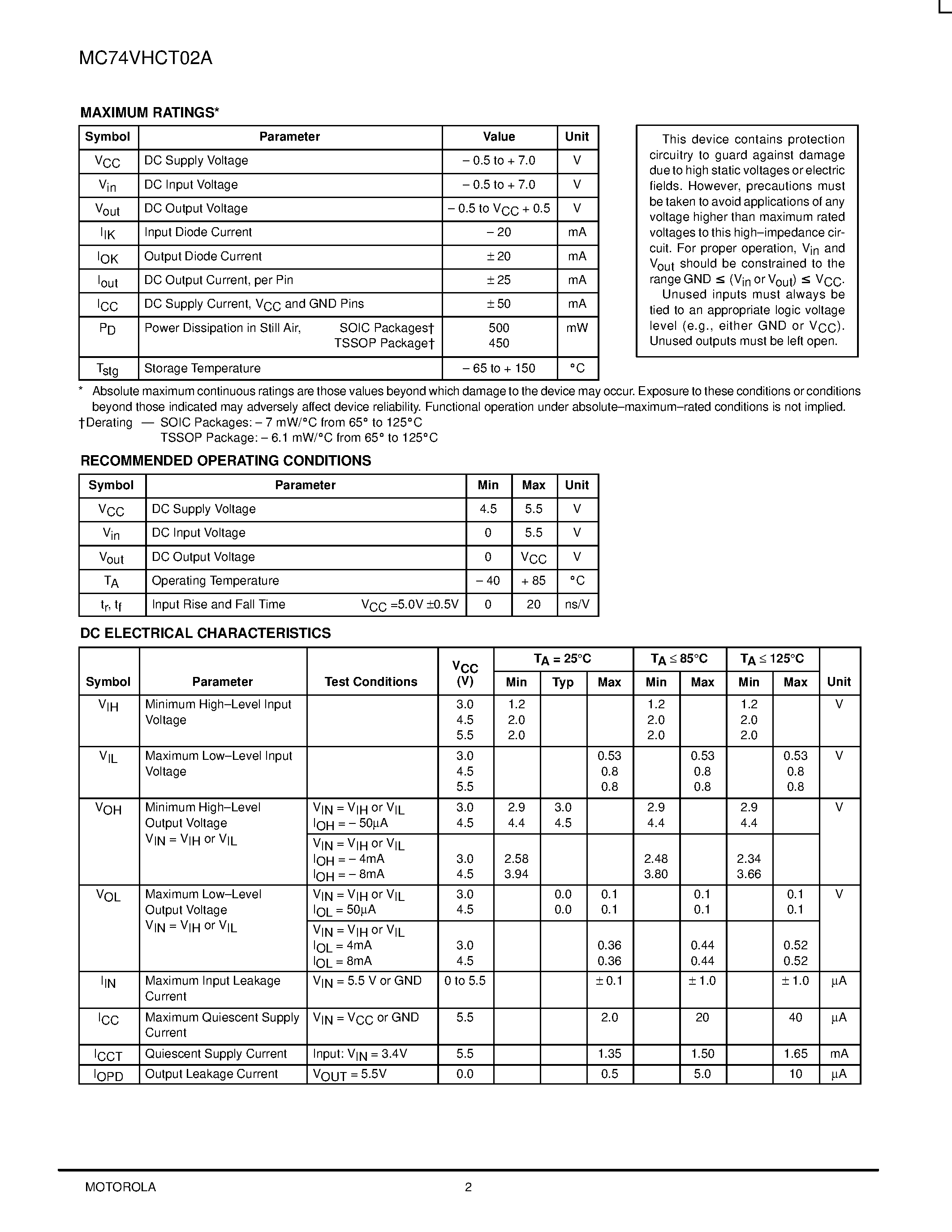 Даташит на микросхему MC74VHCT02A страница 2 Даташит MC74VHCT02A - Quad 2-Input NOR Gate страница 2