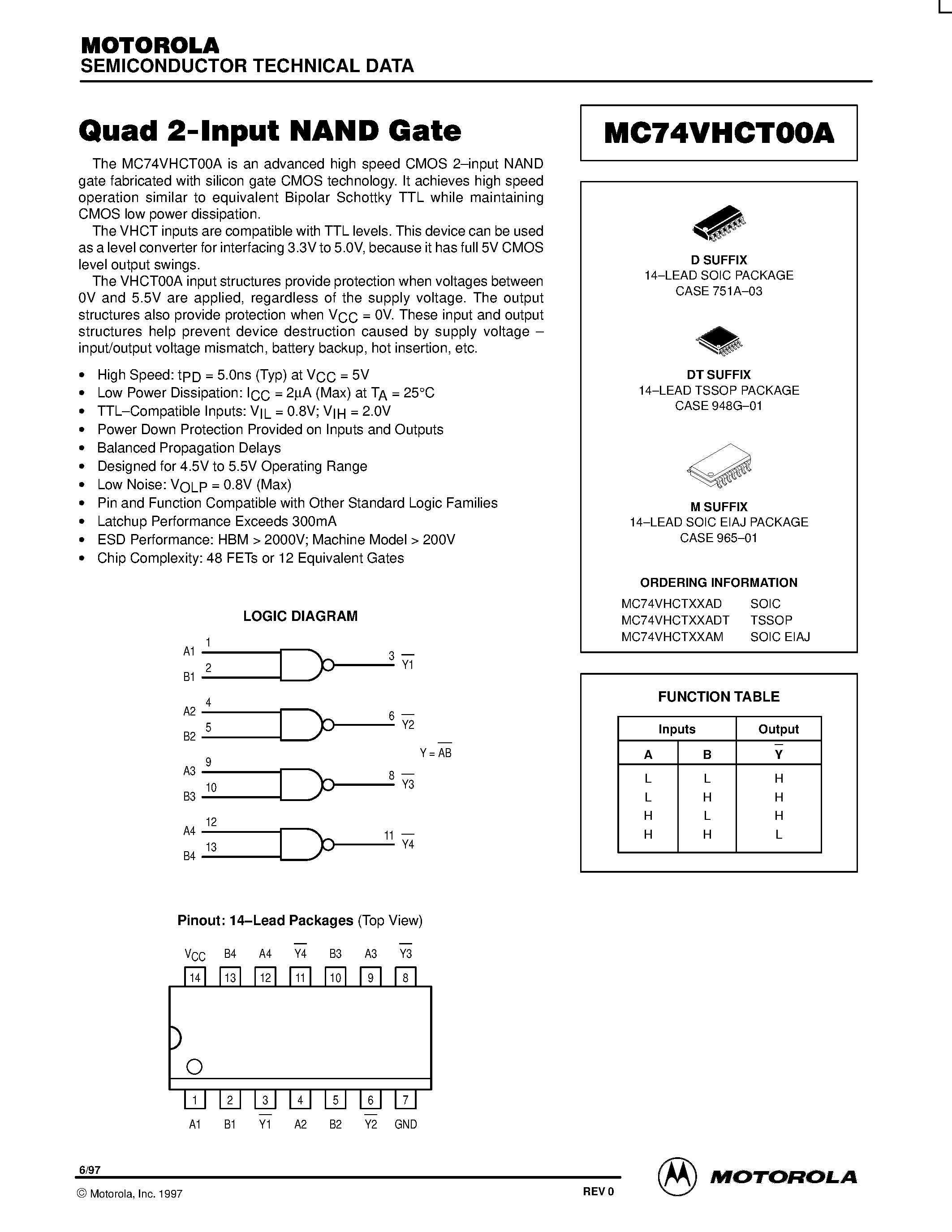 Даташит на микросхему MC74VHCT00A страница 1 Даташит MC74VHCT00A - Quad 2-Input NAND Gate страница 1