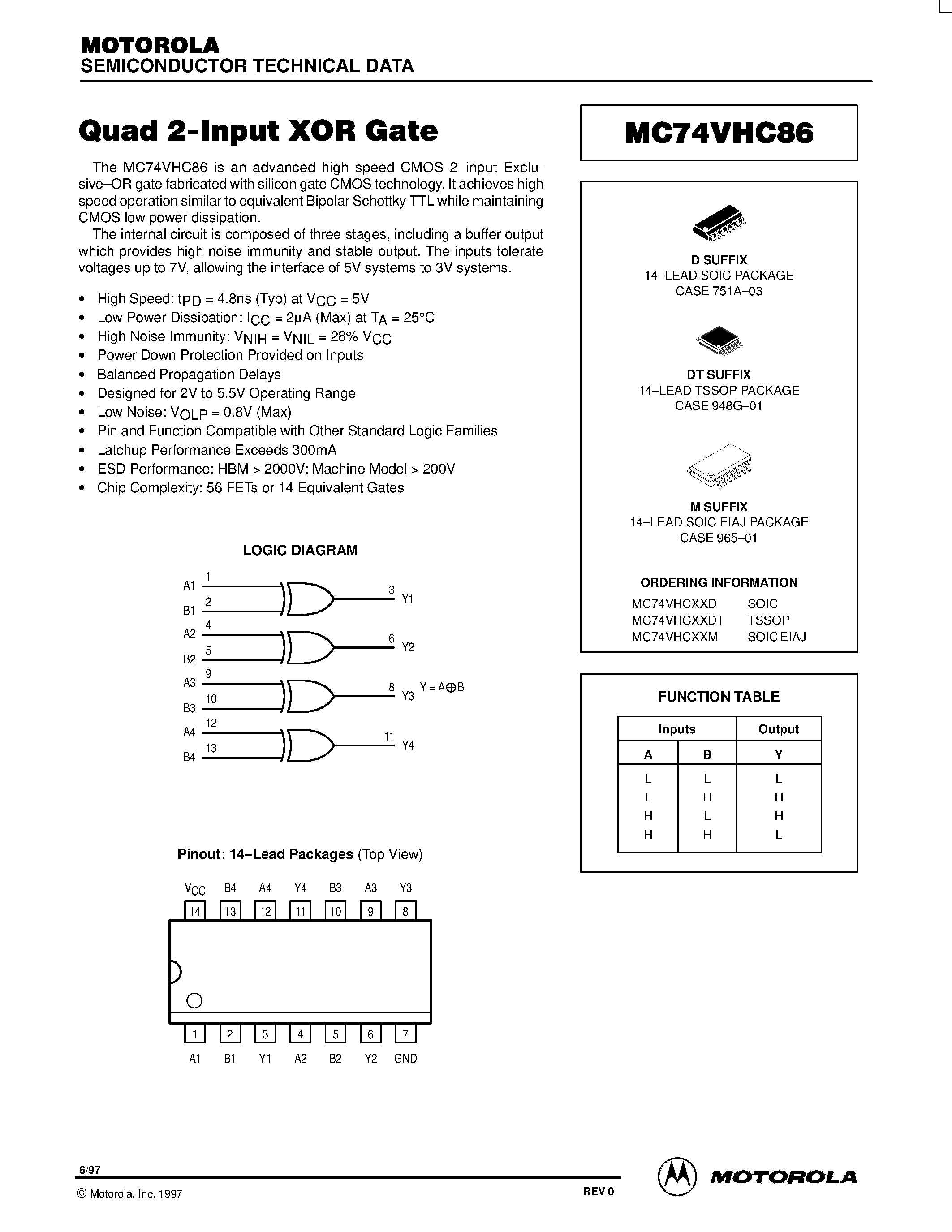 Даташит на микросхему MC74VHC86 страница 1 Даташит MC74VHC86 - Quad 2-Input XOR Gate страница 1