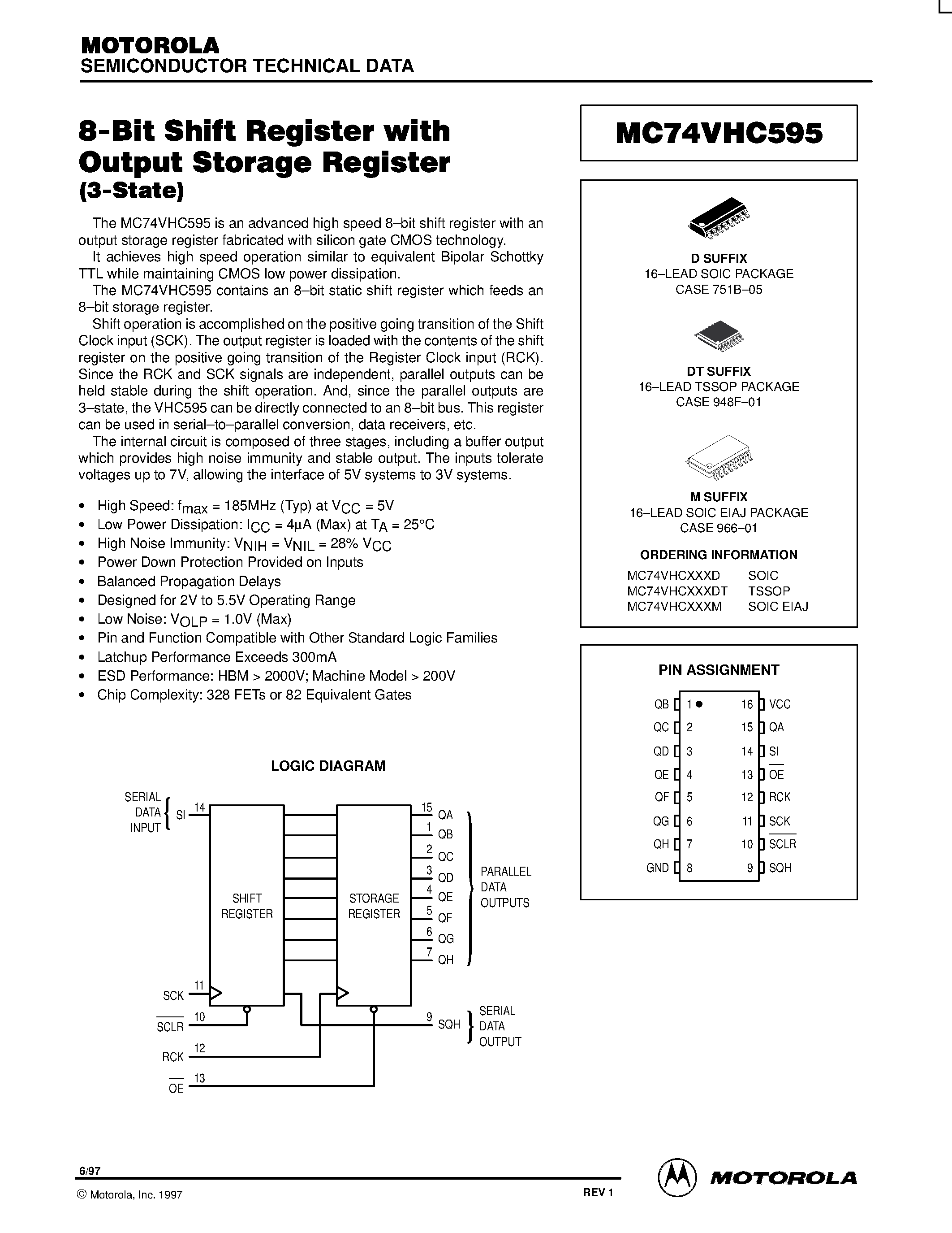 Даташит на микросхему MC74VHC595 страница 1 Даташит MC74VHC595 - 8-Bit Shift Register with Output Storage Register страница 1