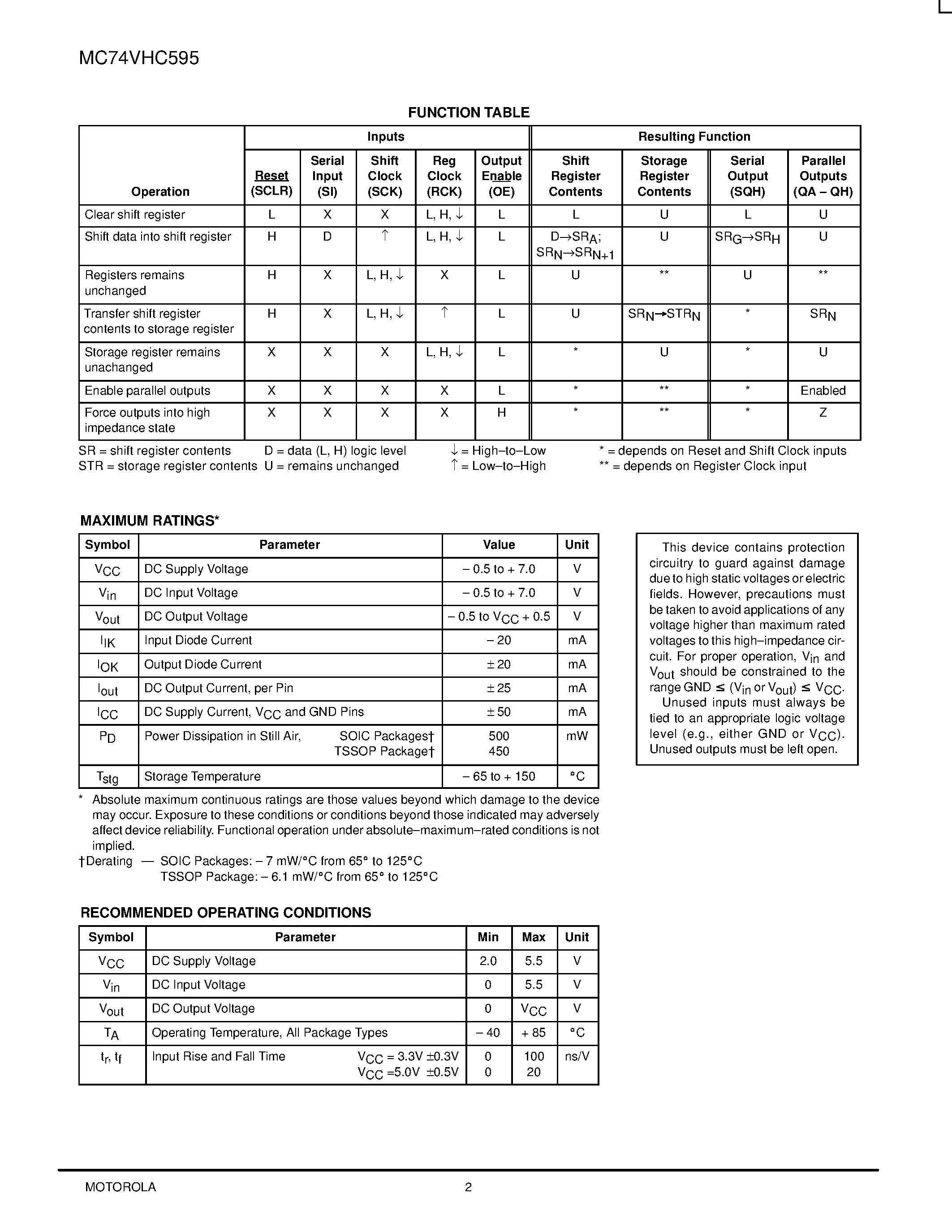 Даташит на микросхему MC74VHC595 страница 2 Даташит MC74VHC595 - 8-Bit Shift Register with Output Storage Register страница 2