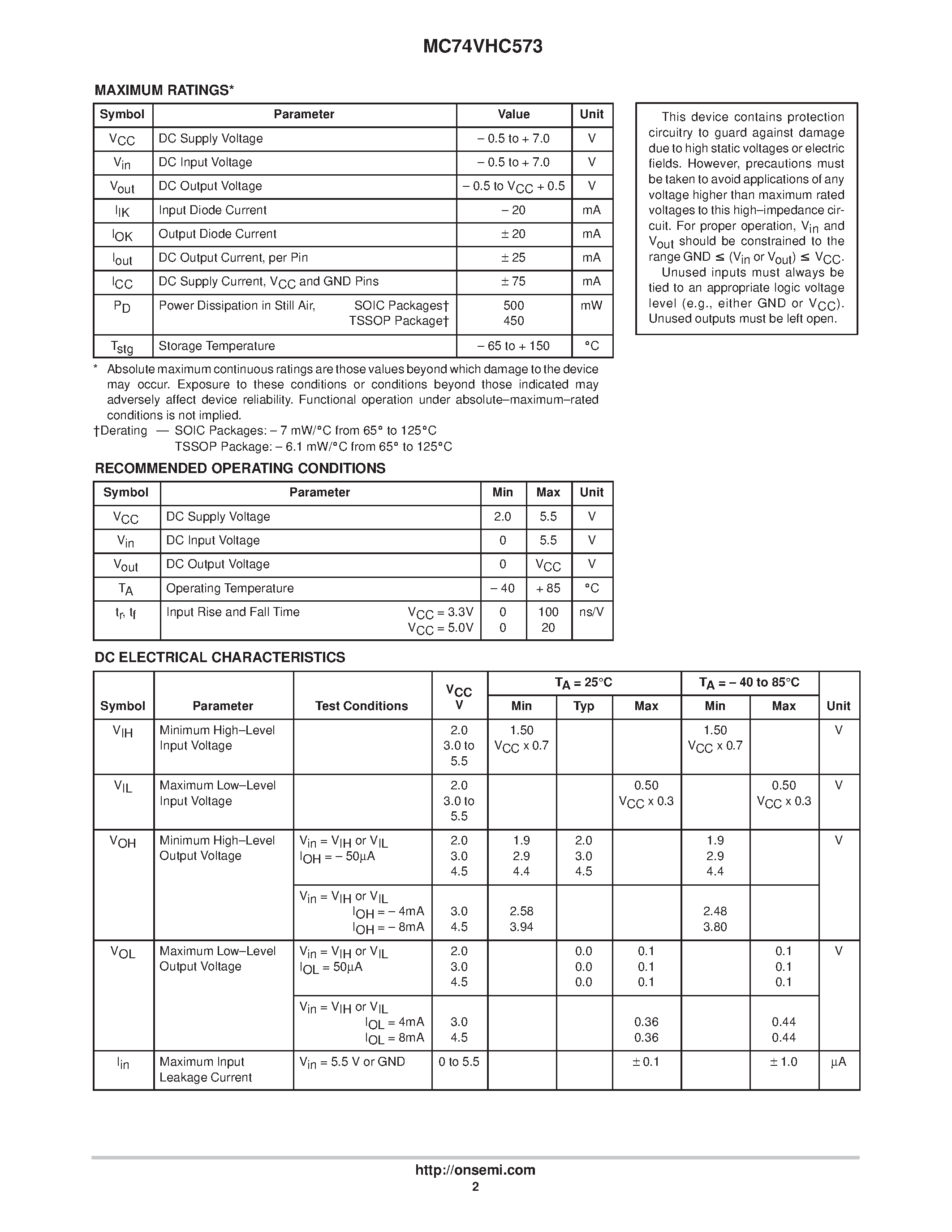 Даташит на микросхему MC74VHC573 страница 2 Даташит MC74VHC573 - Octal D-Type Latch with 3-State Output страница 2