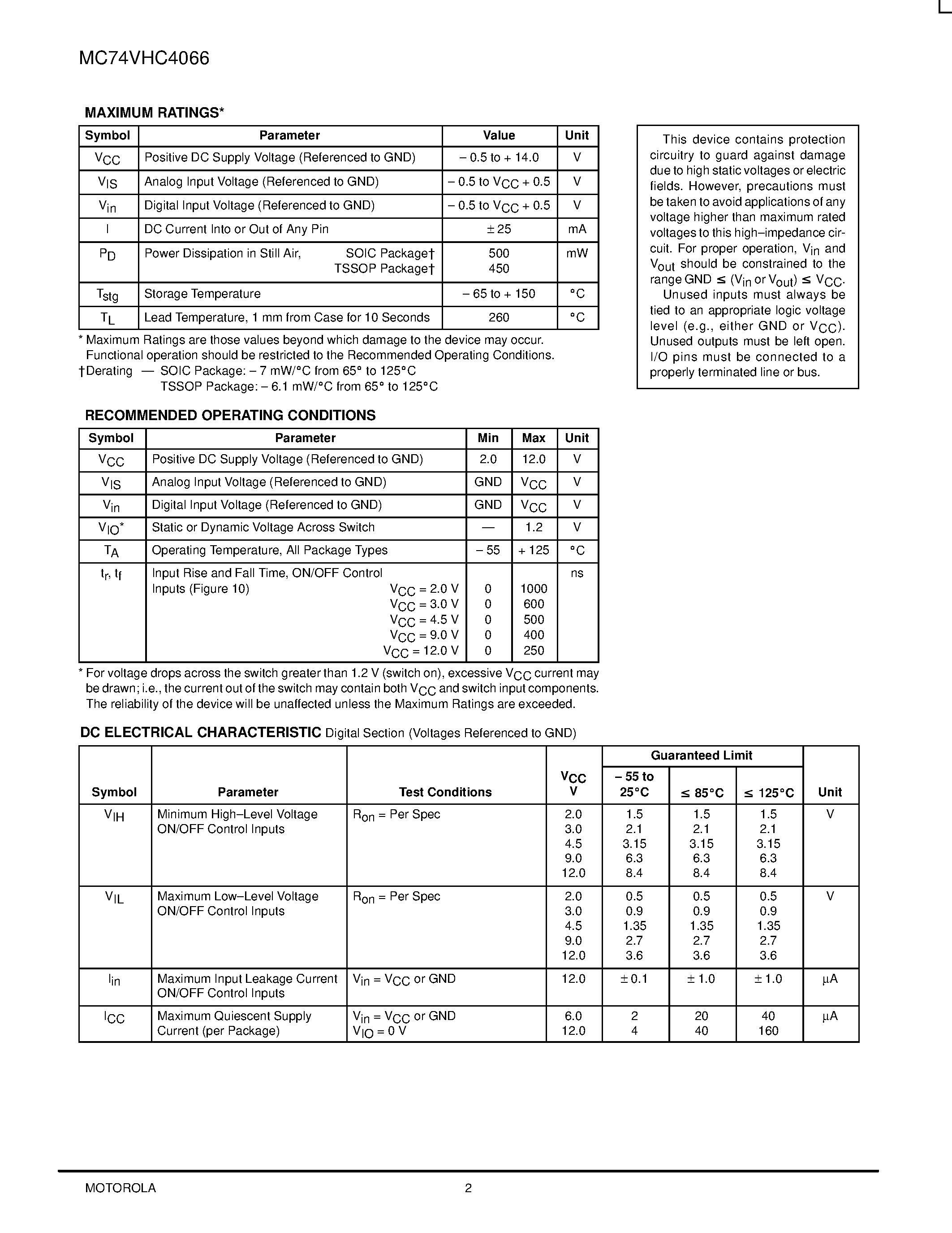 Даташит на микросхему MC74VHC4066 страница 2 Даташит MC74VHC4066 - Quad Analog Switch/Multiplexer/Demultiplexer страница 2