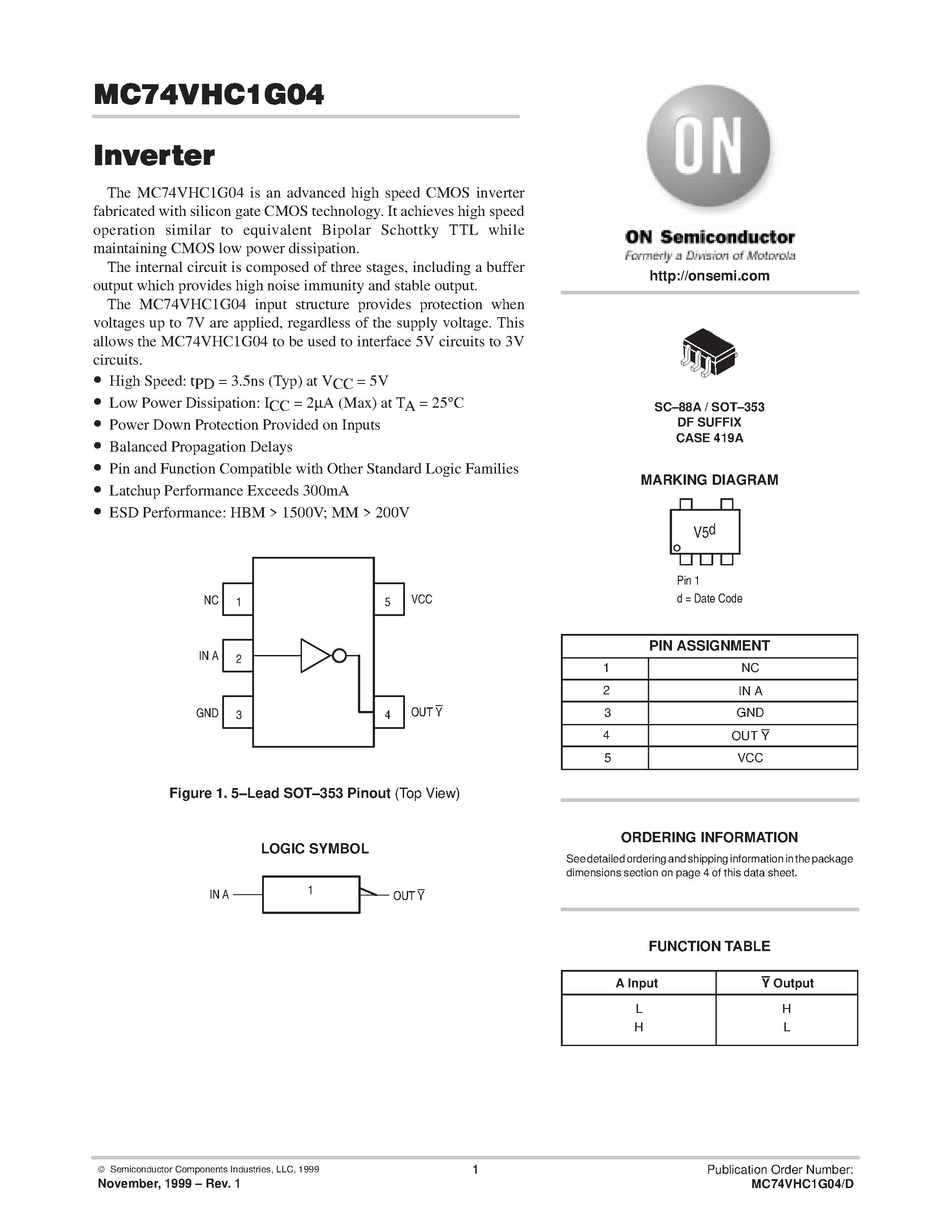 Даташит MC74VHC1G04 - Inverter страница 1