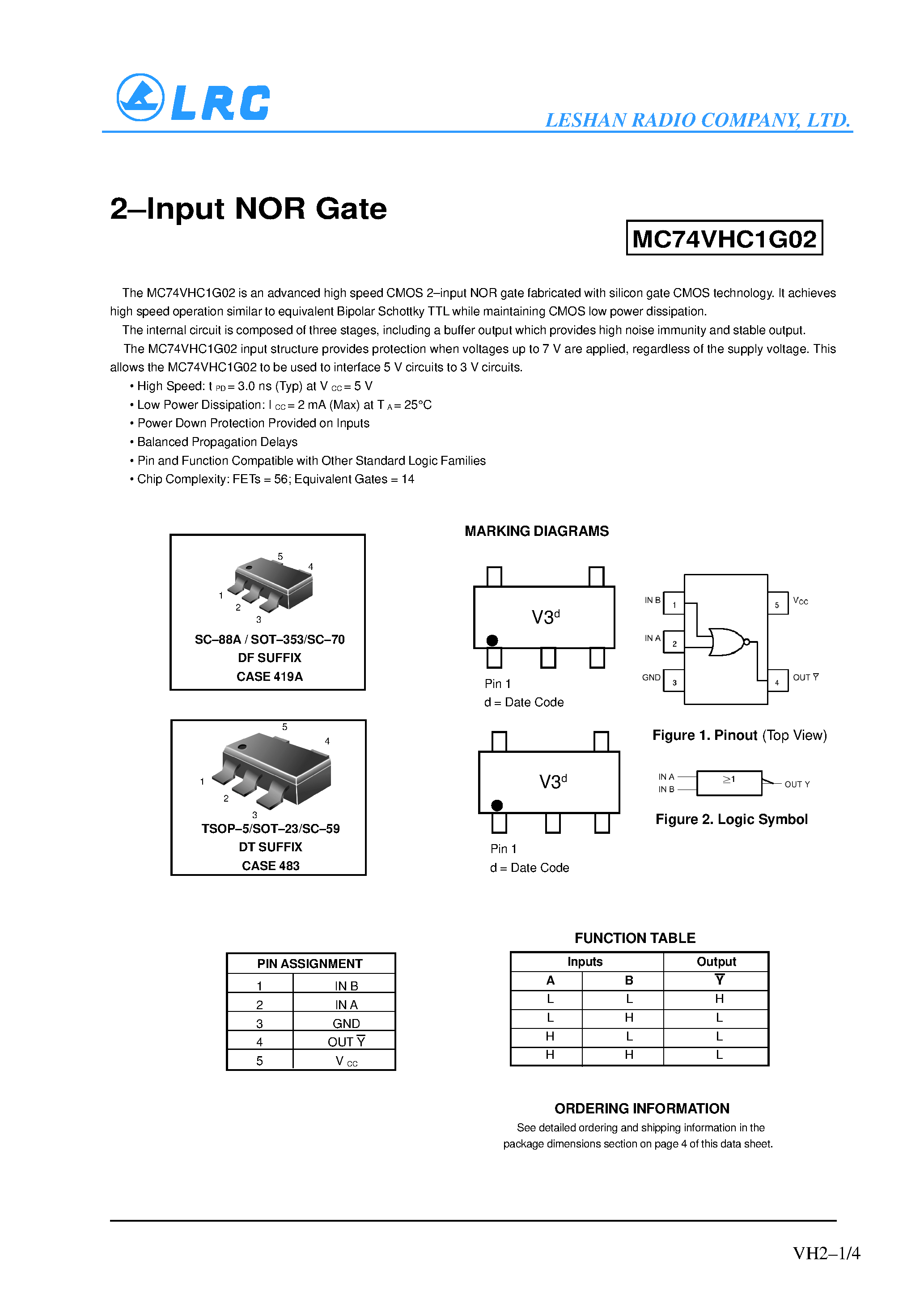 Даташит MC74VHC1G02 - 2-Input NOR Gate страница 1