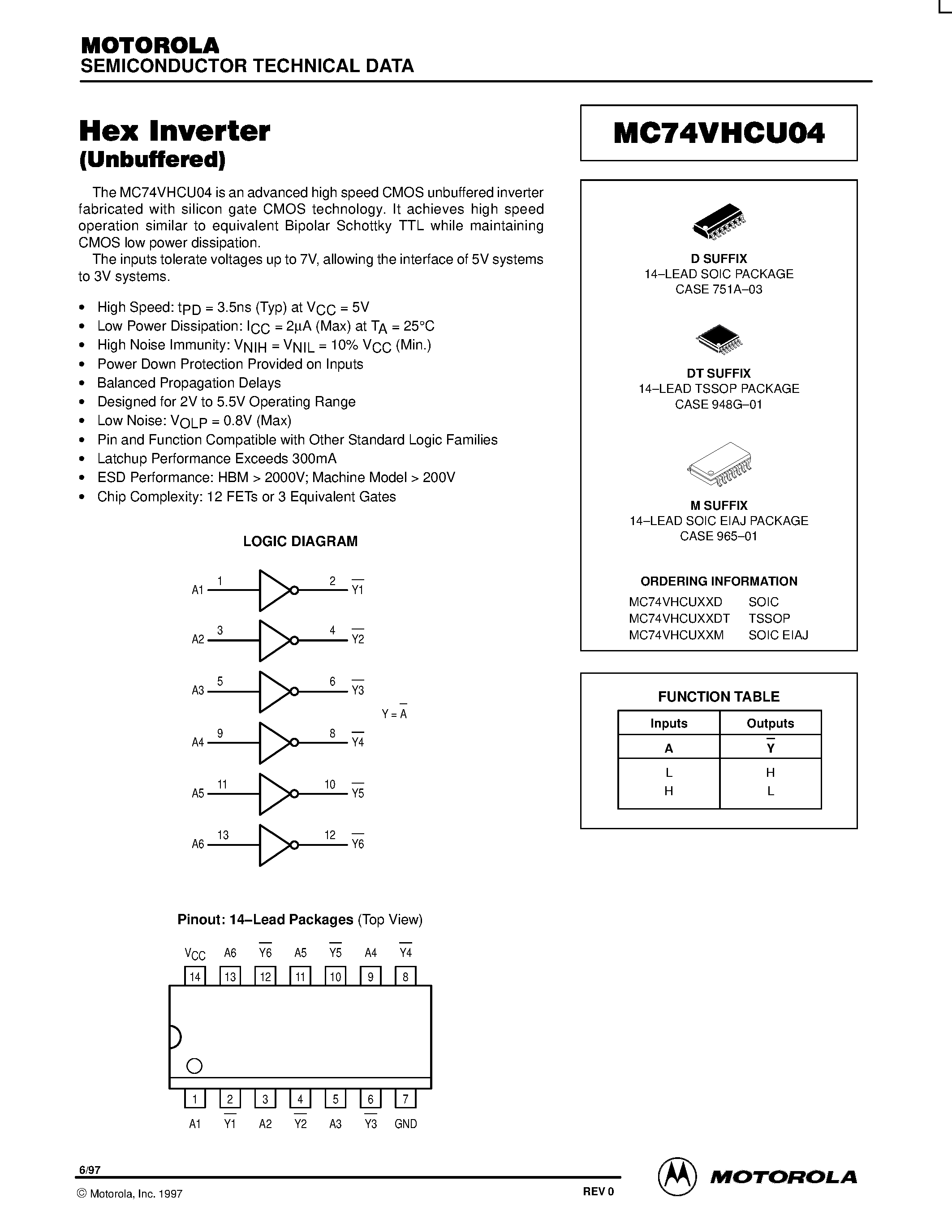 Даташит на микросхему MC74VHCU04 страница 1 Даташит MC74VHCU04 - Hex Inverter страница 1