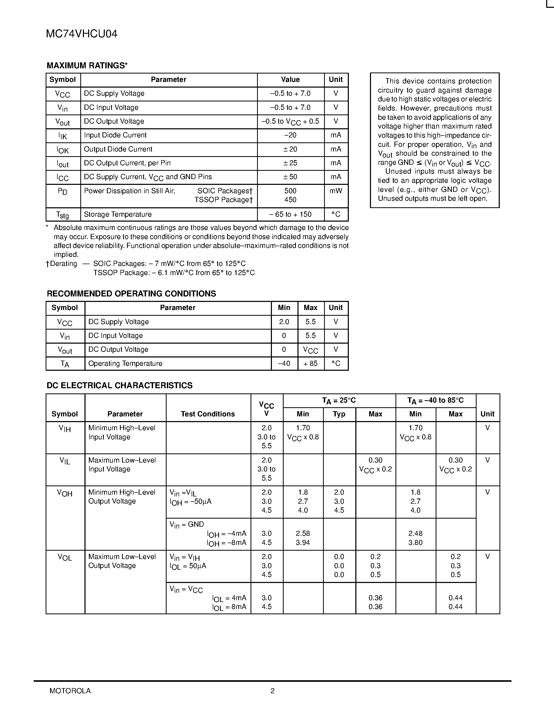 Даташит на микросхему MC74VHCU04 страница 2 Даташит MC74VHCU04 - Hex Inverter страница 2