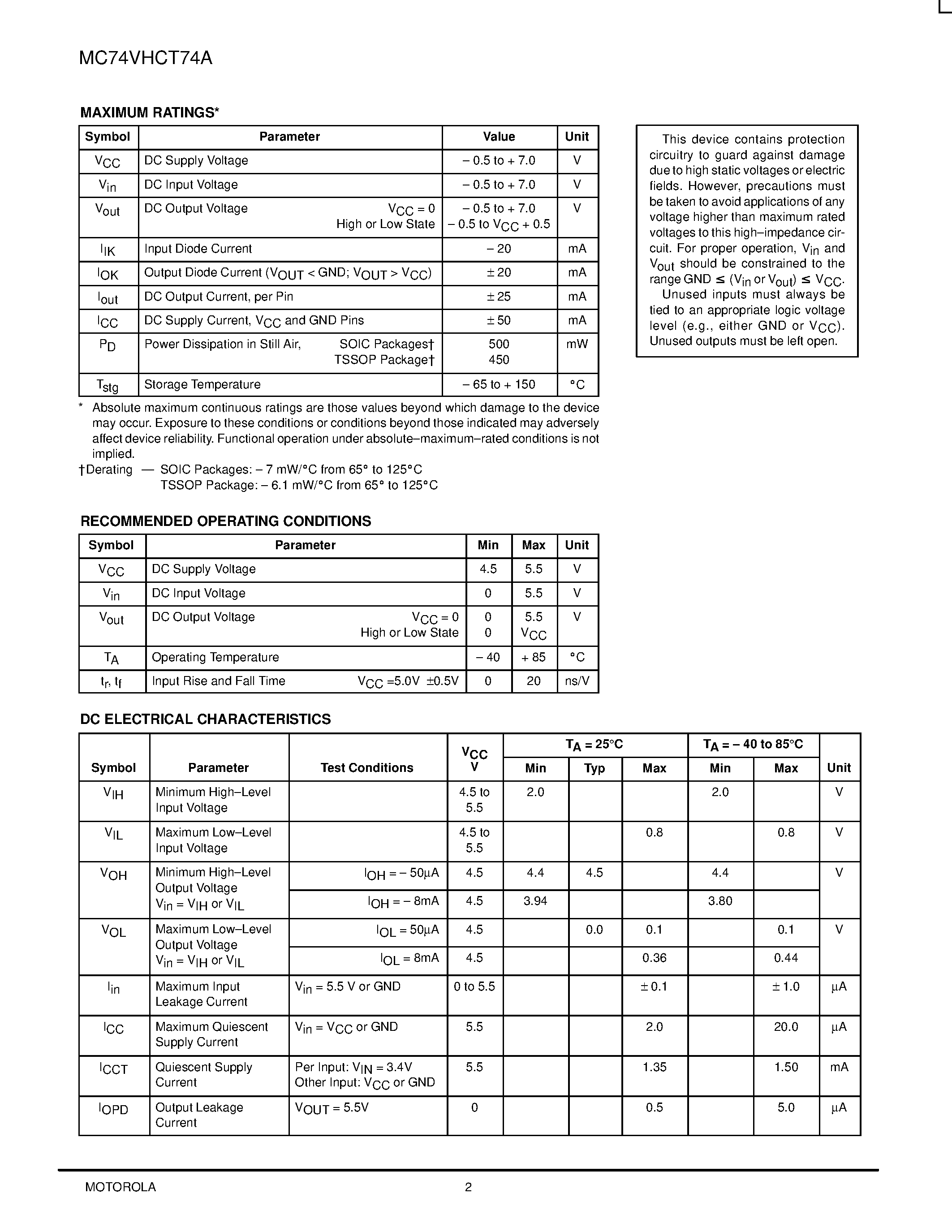 Даташит на микросхему MC74VHCT74A страница 2 Даташит MC74VHCT74A - Dual D-Type Flip-Flop with Set and Reset страница 2