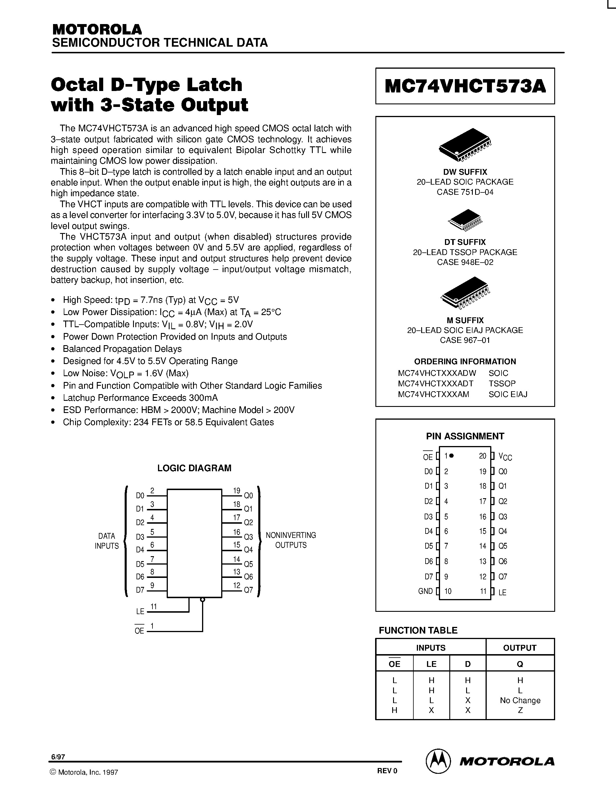 Datasheet MC74VHCT573A - Octal D-Type Latch with 3-State Output page 1