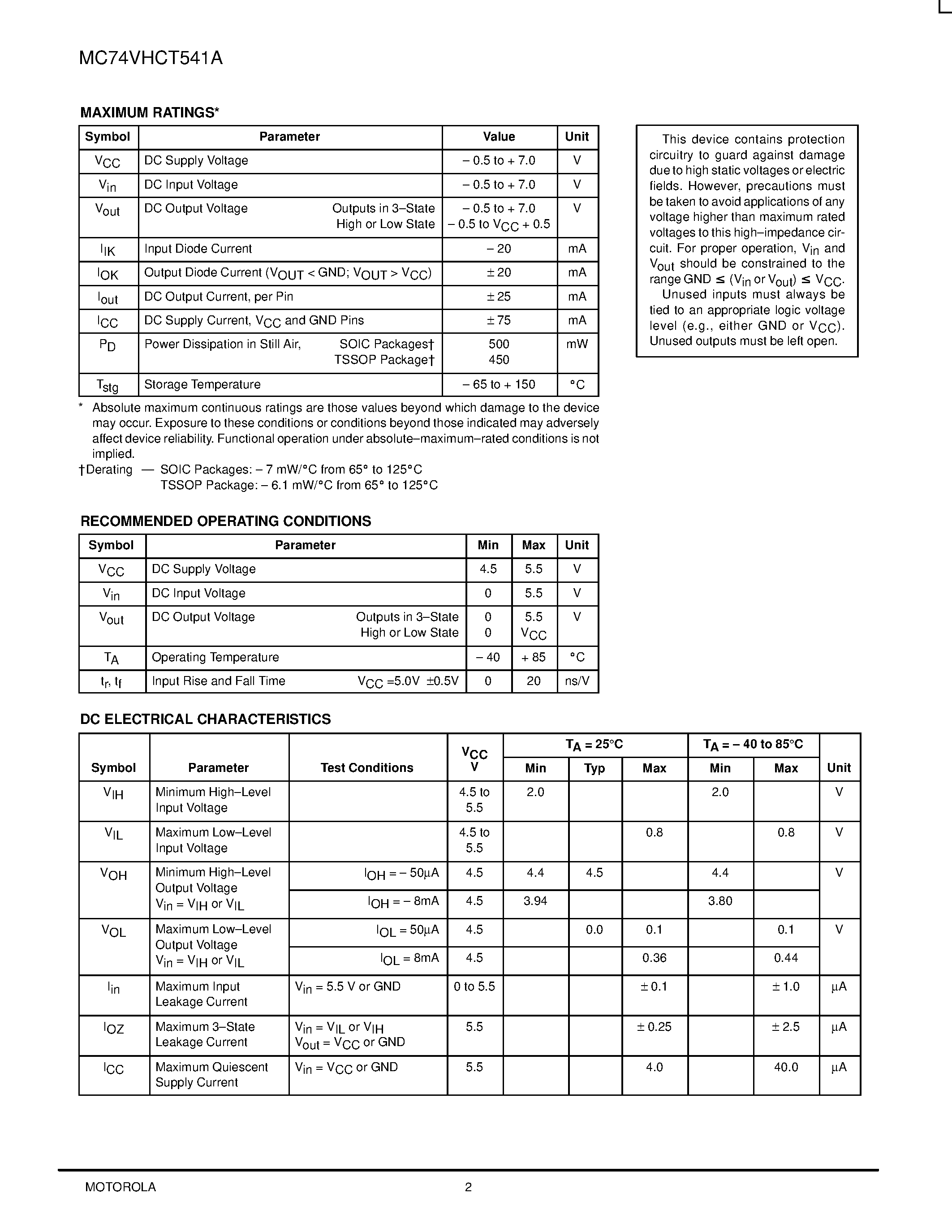Datasheet MC74VHCT541A page 2 Datasheet MC74VHCT541A - Octal Bus Buffer page 2