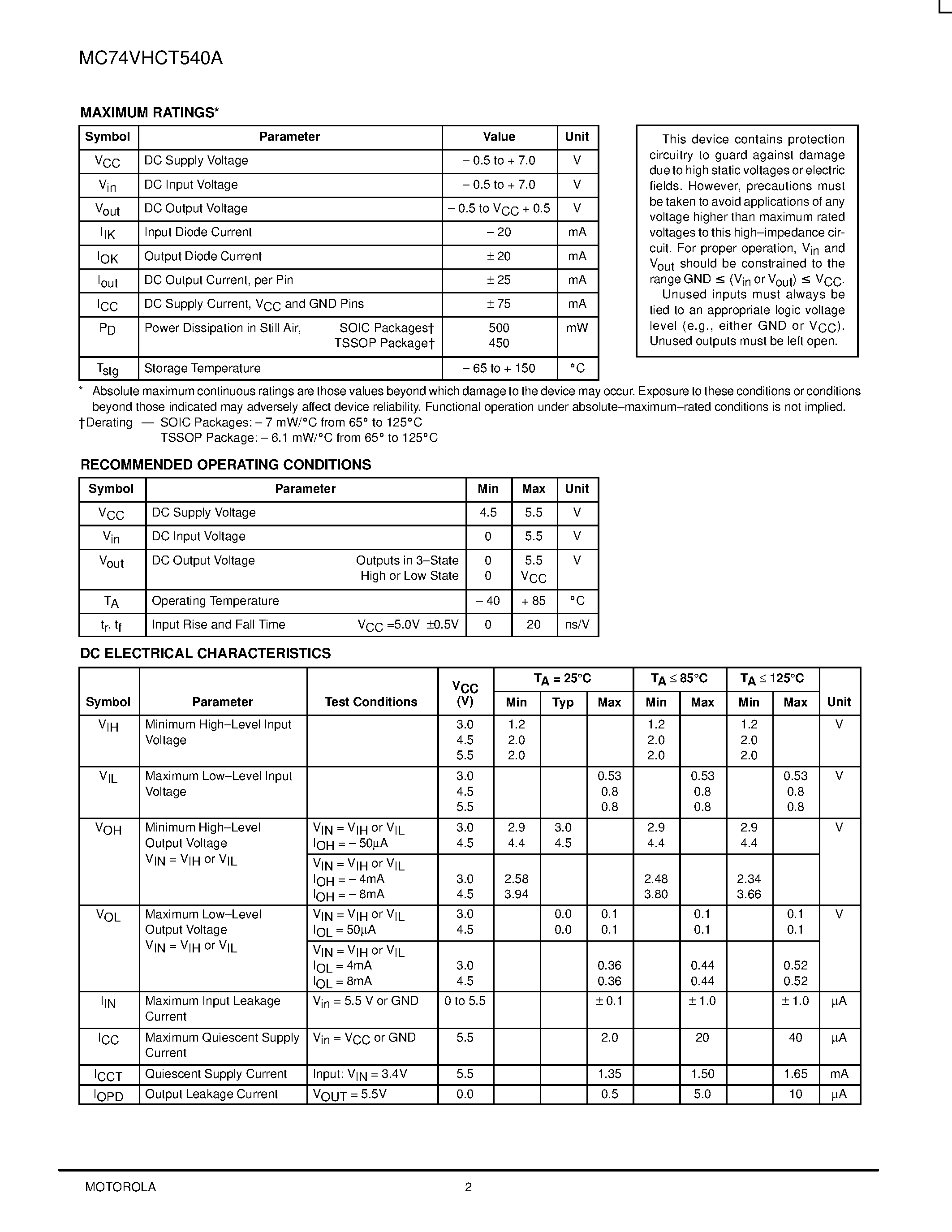 Datasheet MC74VHCT540A - Octal Bus Buffer Inverting page 2