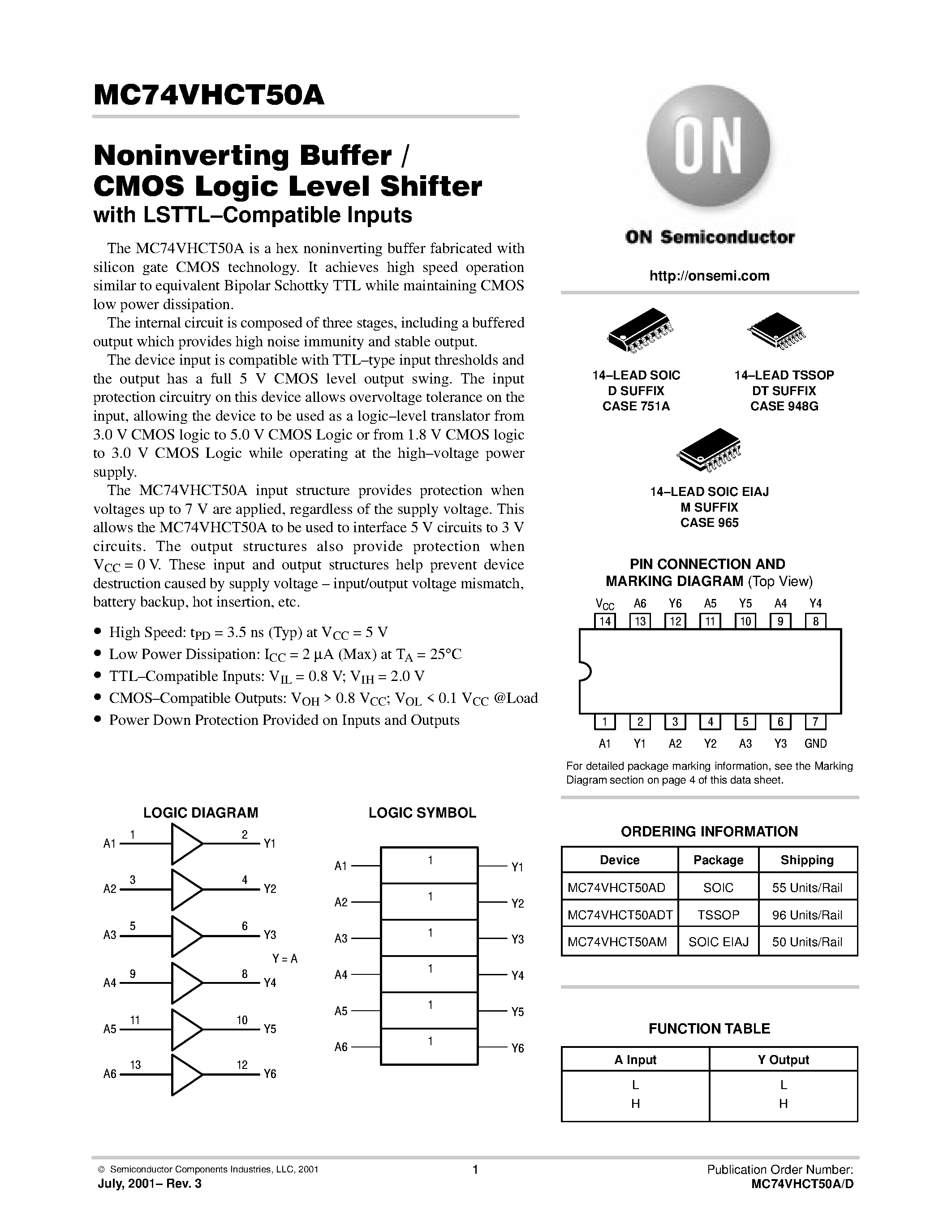 Datasheet MC74VHCT50A - Noninverting Buffer / CMOS Logic Level Shifter with LSTTL-Compatible Inputs page 1