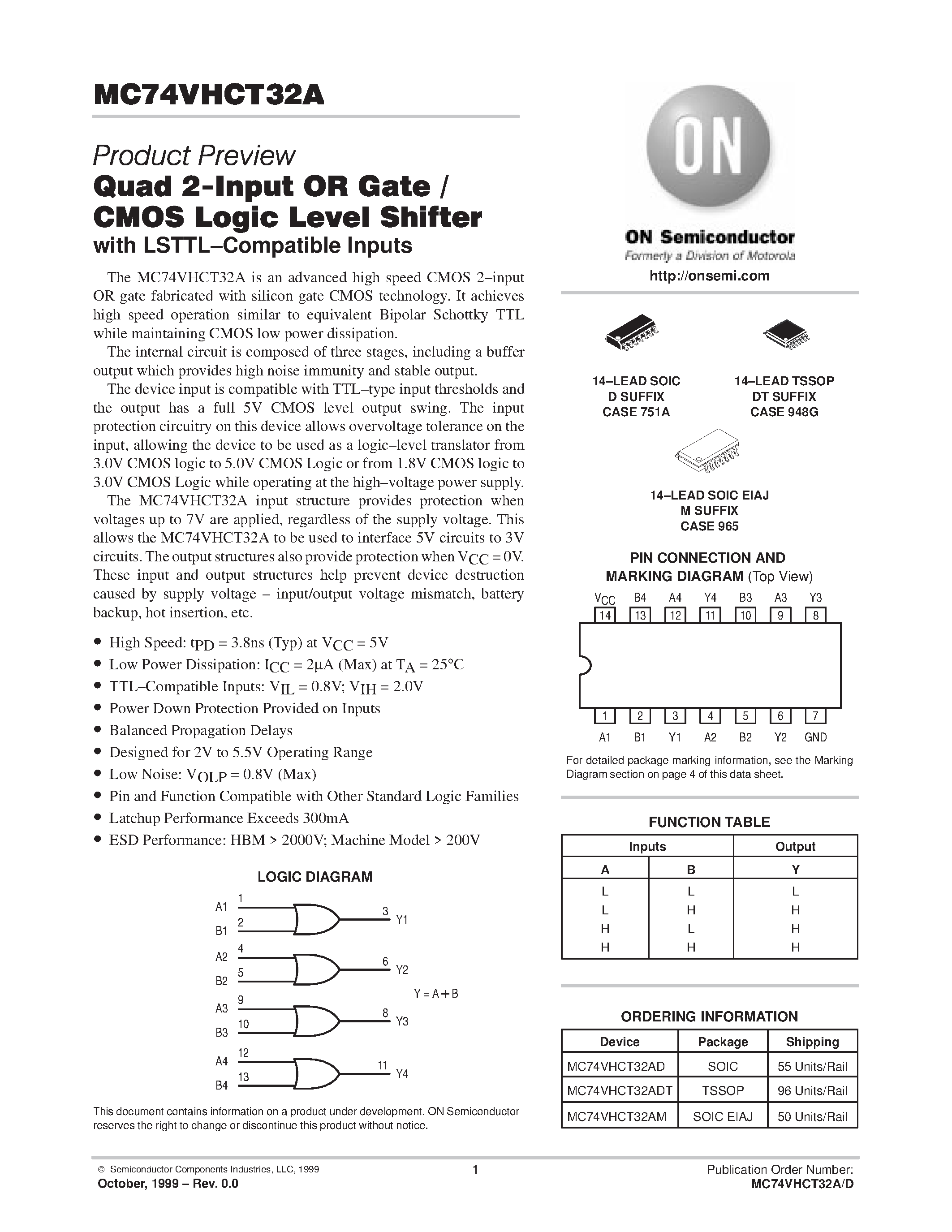 Даташит на микросхему MC74VHCT32A страница 1 Даташит MC74VHCT32A - QUAD 2 INPUT OR GATE CMOS LOGIC LEVEL SHIFTER страница 1