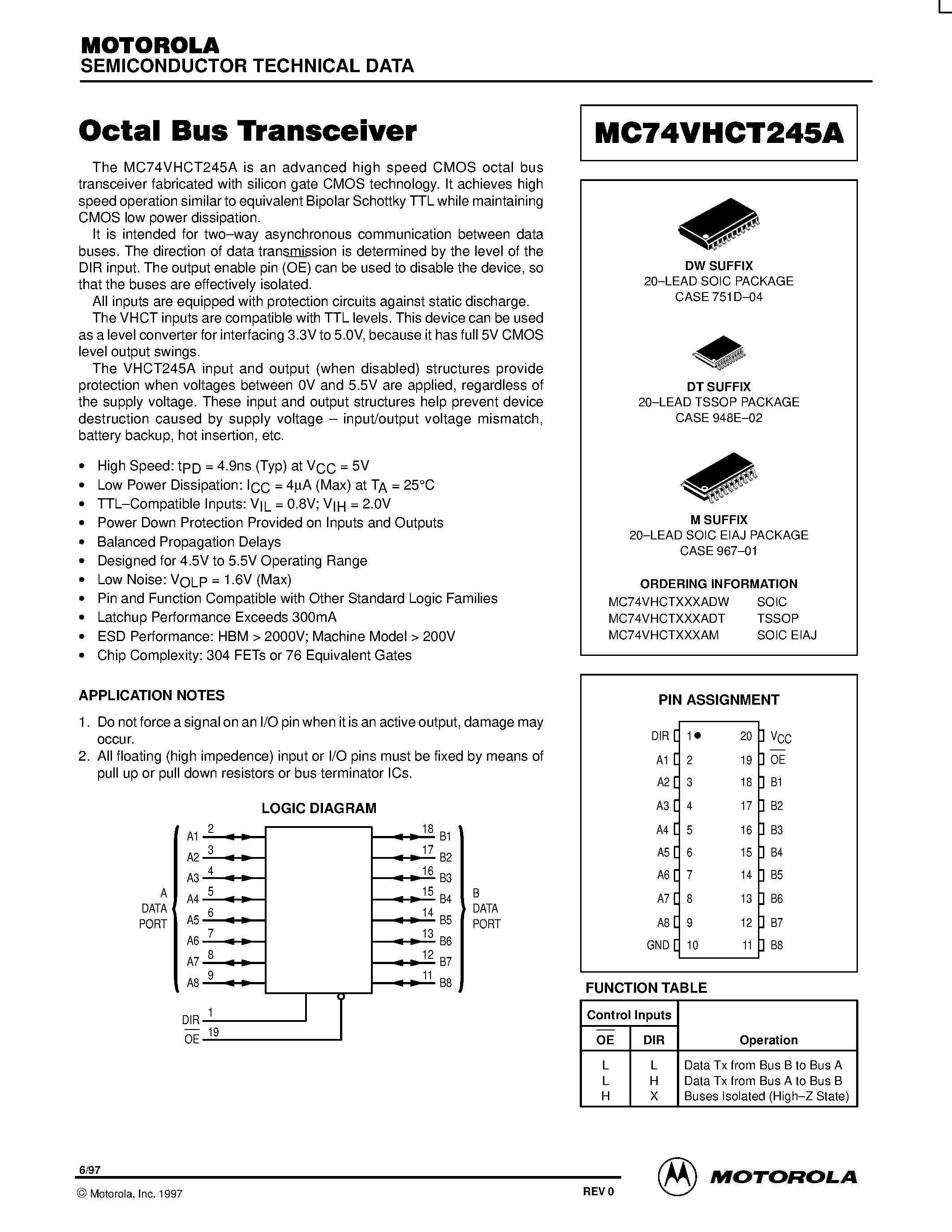 Datasheet MC74VHCT245A - Octal Bus Transceiver page 1