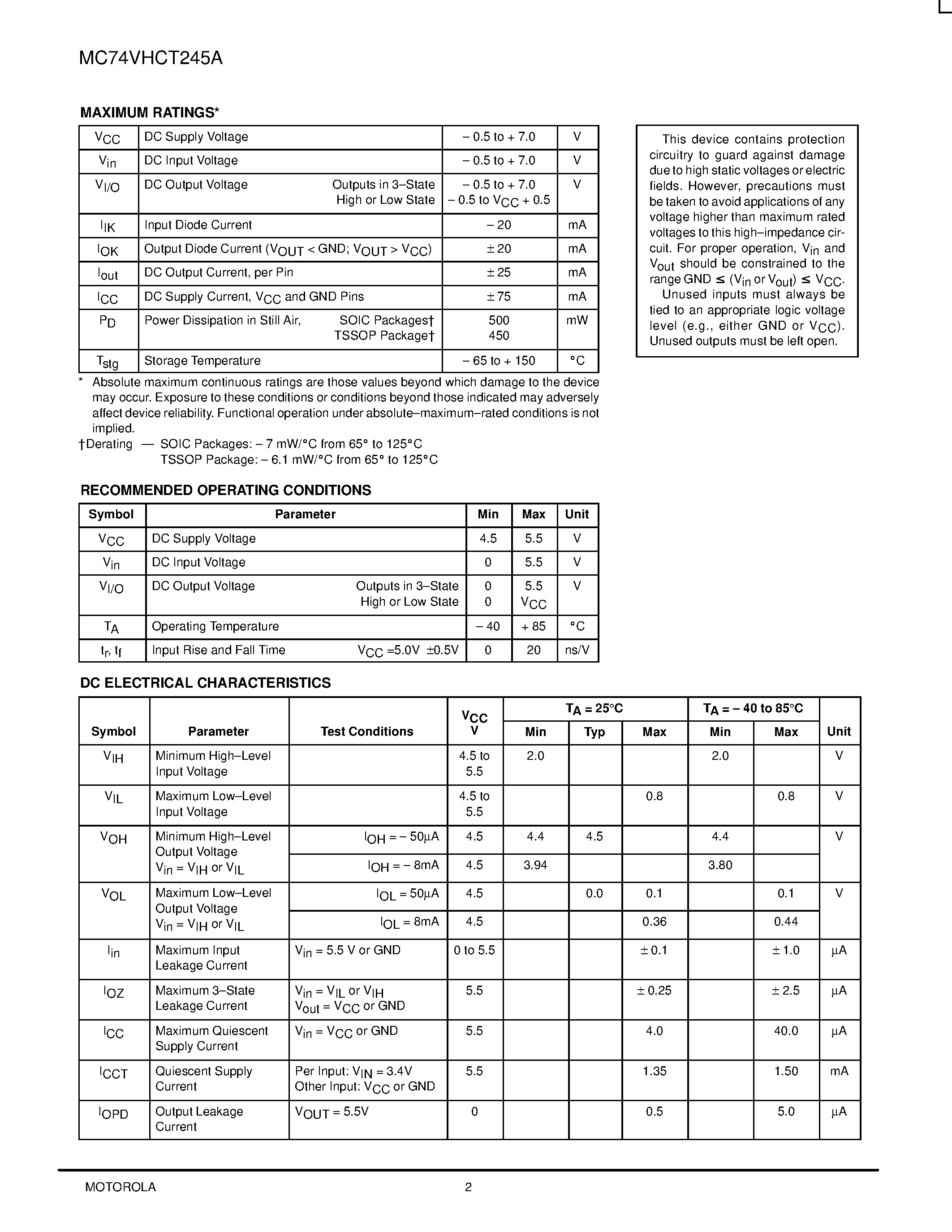Даташит на микросхему MC74VHCT245A страница 2 Даташит MC74VHCT245A - Octal Bus Transceiver страница 2