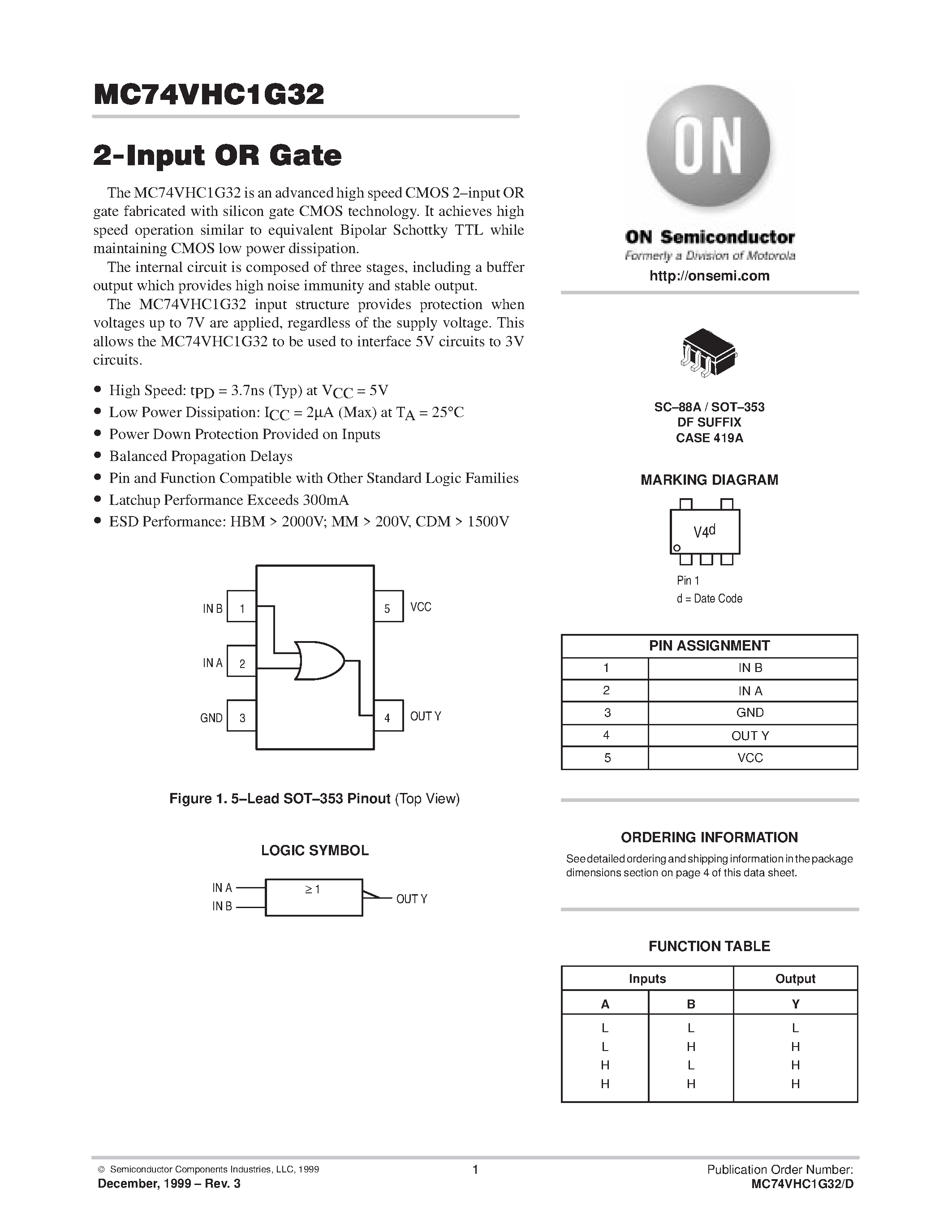 Даташит на микросхему MC74VHC1G32 страница 1 Даташит MC74VHC1G32 - 2-Input OR Gate страница 1