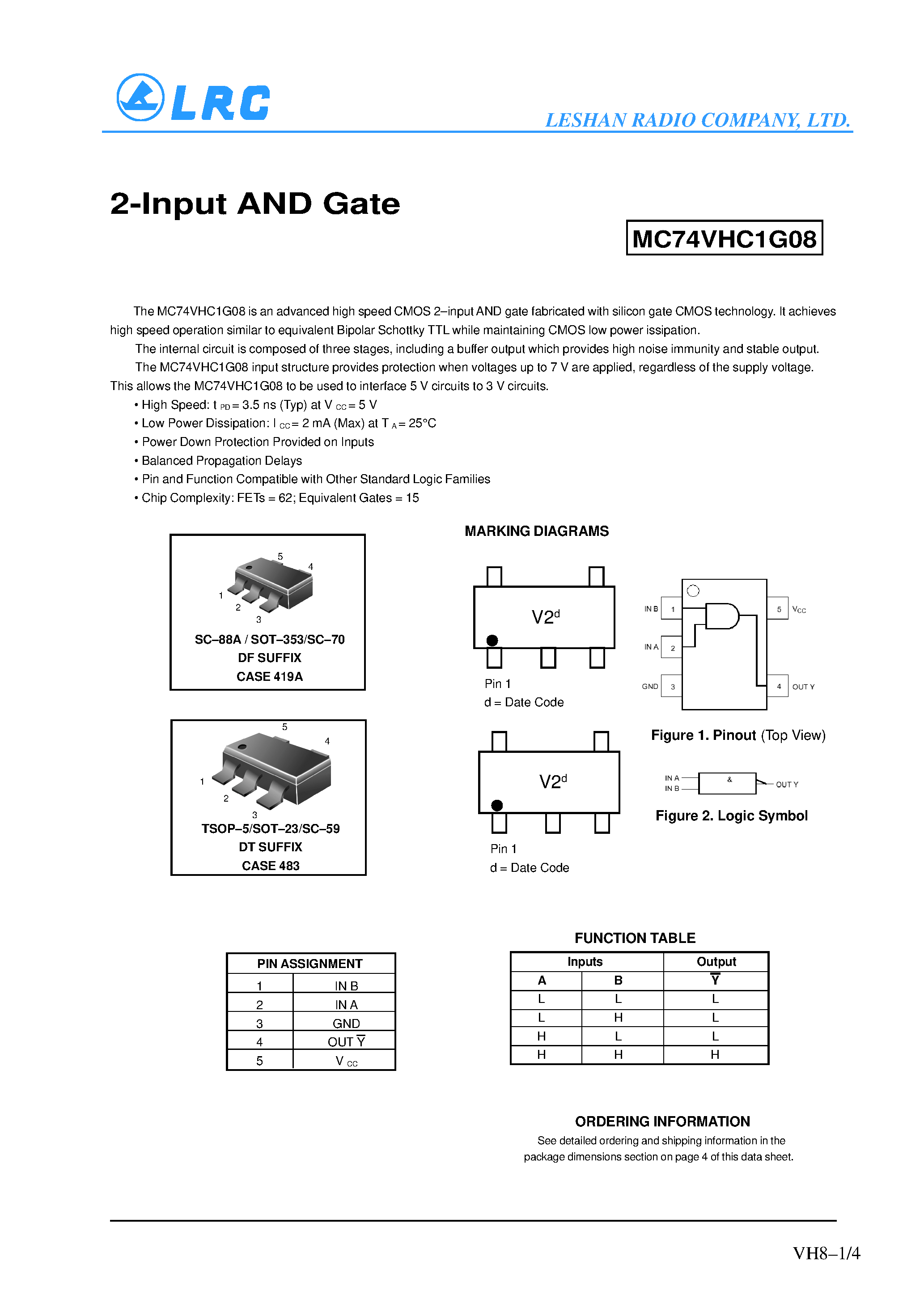 Datasheet MC74VHC1G08 - 2-Input AND Gate page 1