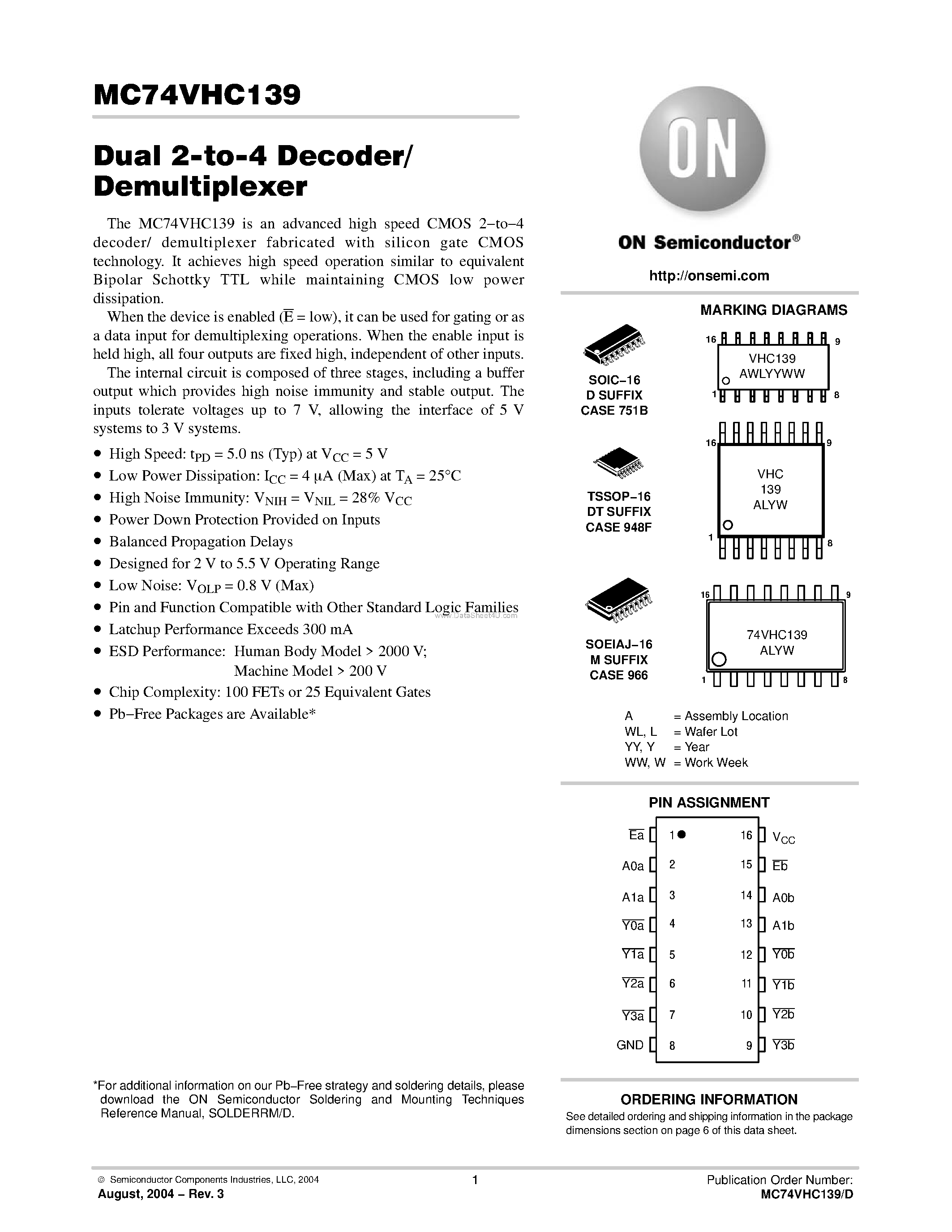 Datasheet MC74VHC139 - Dual 2-to-4 Decoder/Demultiplexer page 1