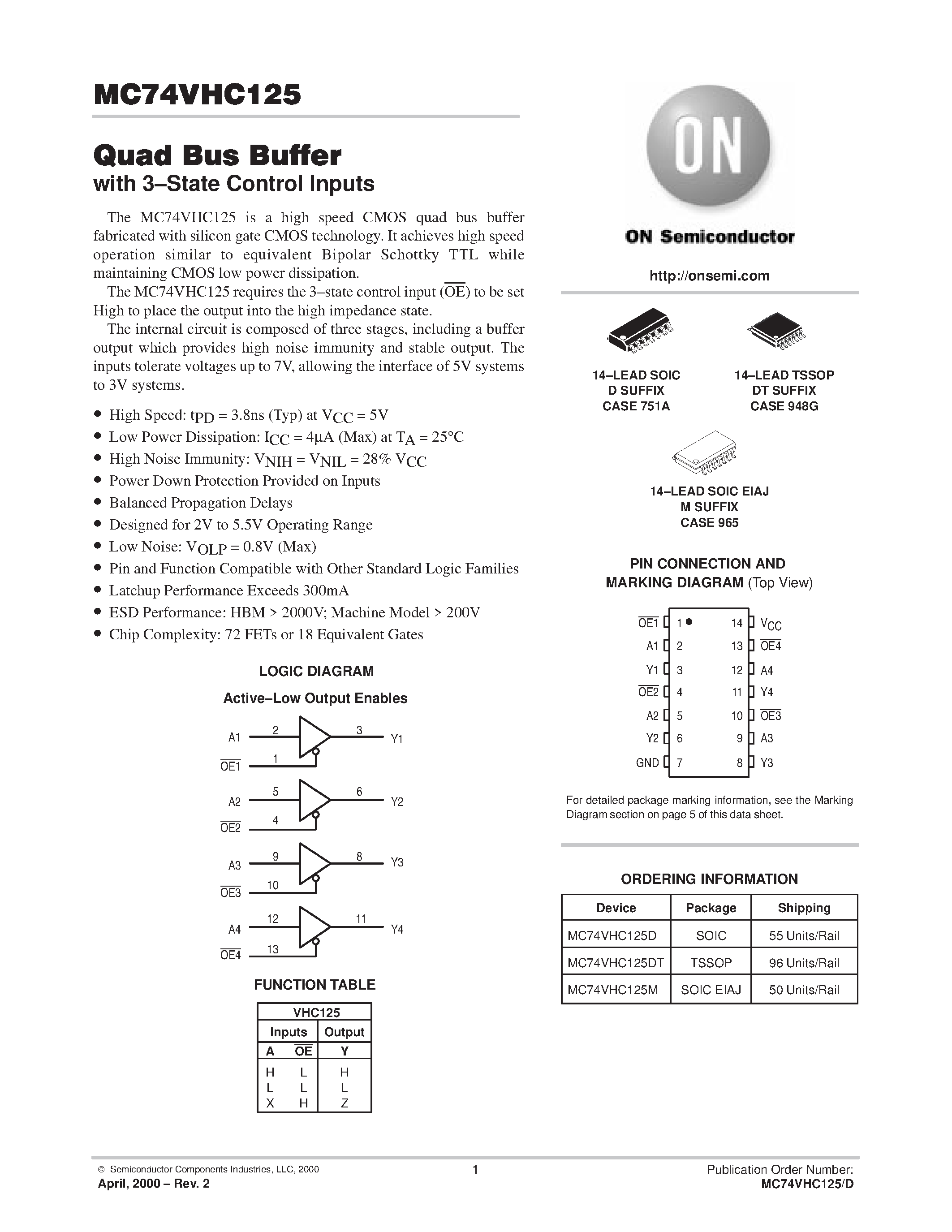 Datasheet MC74VHC125 page 1 Datasheet MC74VHC125 - Quad Bus Buffer page 1