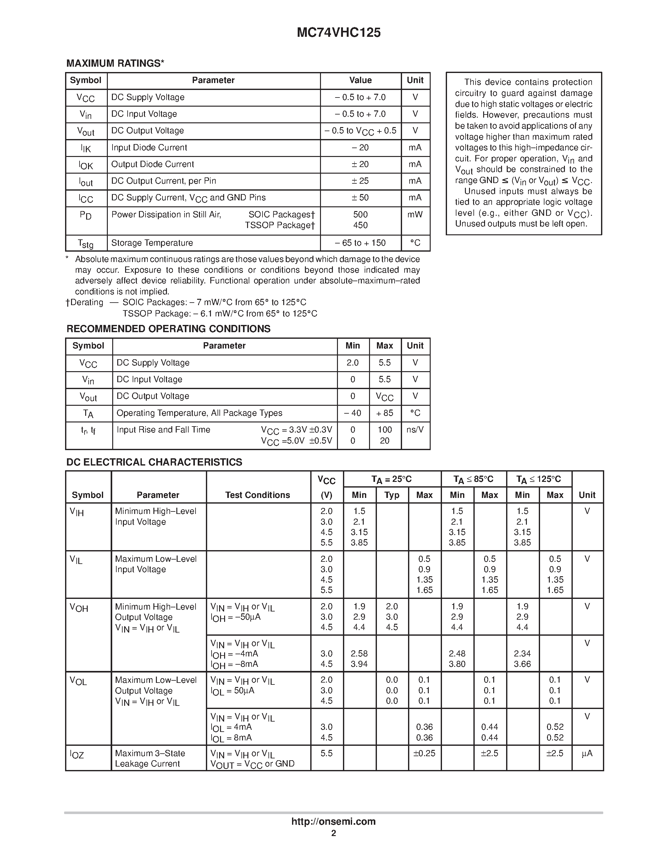 Datasheet MC74VHC125 page 2 Datasheet MC74VHC125 - Quad Bus Buffer page 2