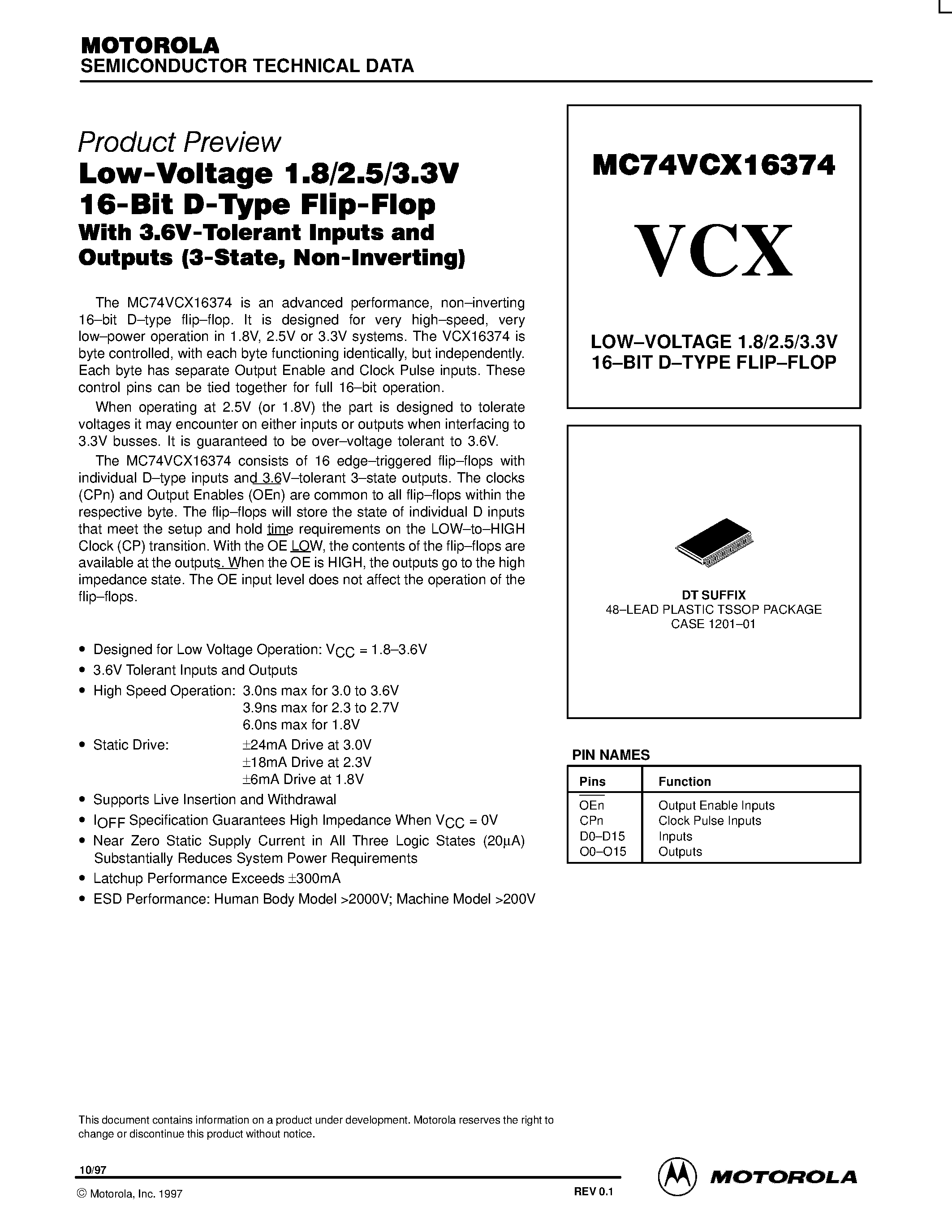Даташит MC74VCX16374 - LOW-VOLTAGE 1.8/2.5/3.3V 16-BIT D-TYPE FLIP-FLOP страница 1