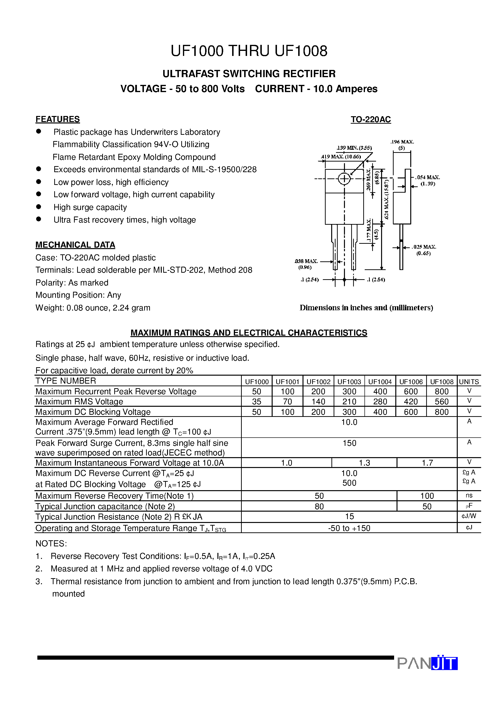 Datasheet UF1000 - (UF1000 - UF1008) ULTRAFAST SWITCHING RECTIFIER page 1