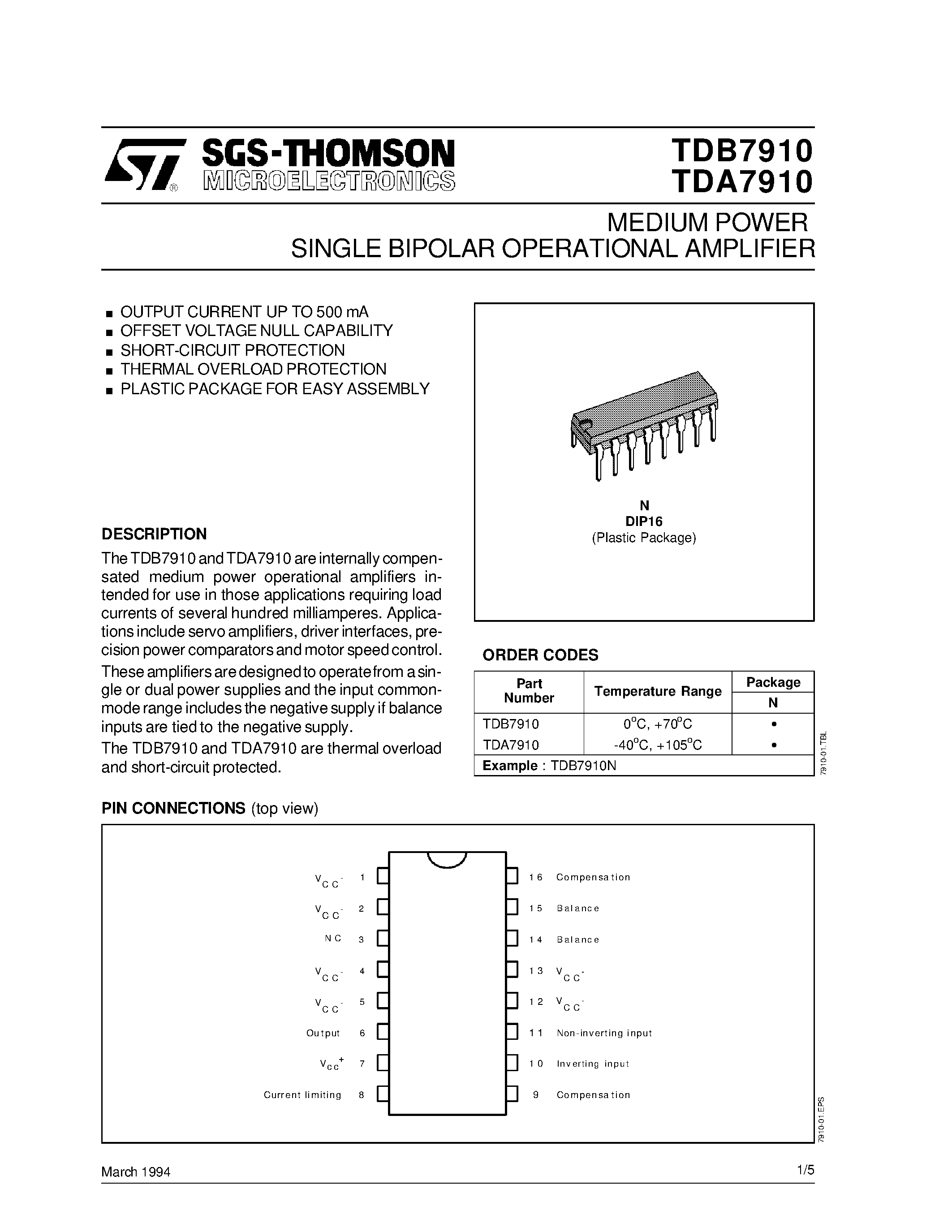 Datasheet TDA7910 - MEDIUM POWER SINGLE BIPOLAR OPERATIONAL AMPLIFIER page 1