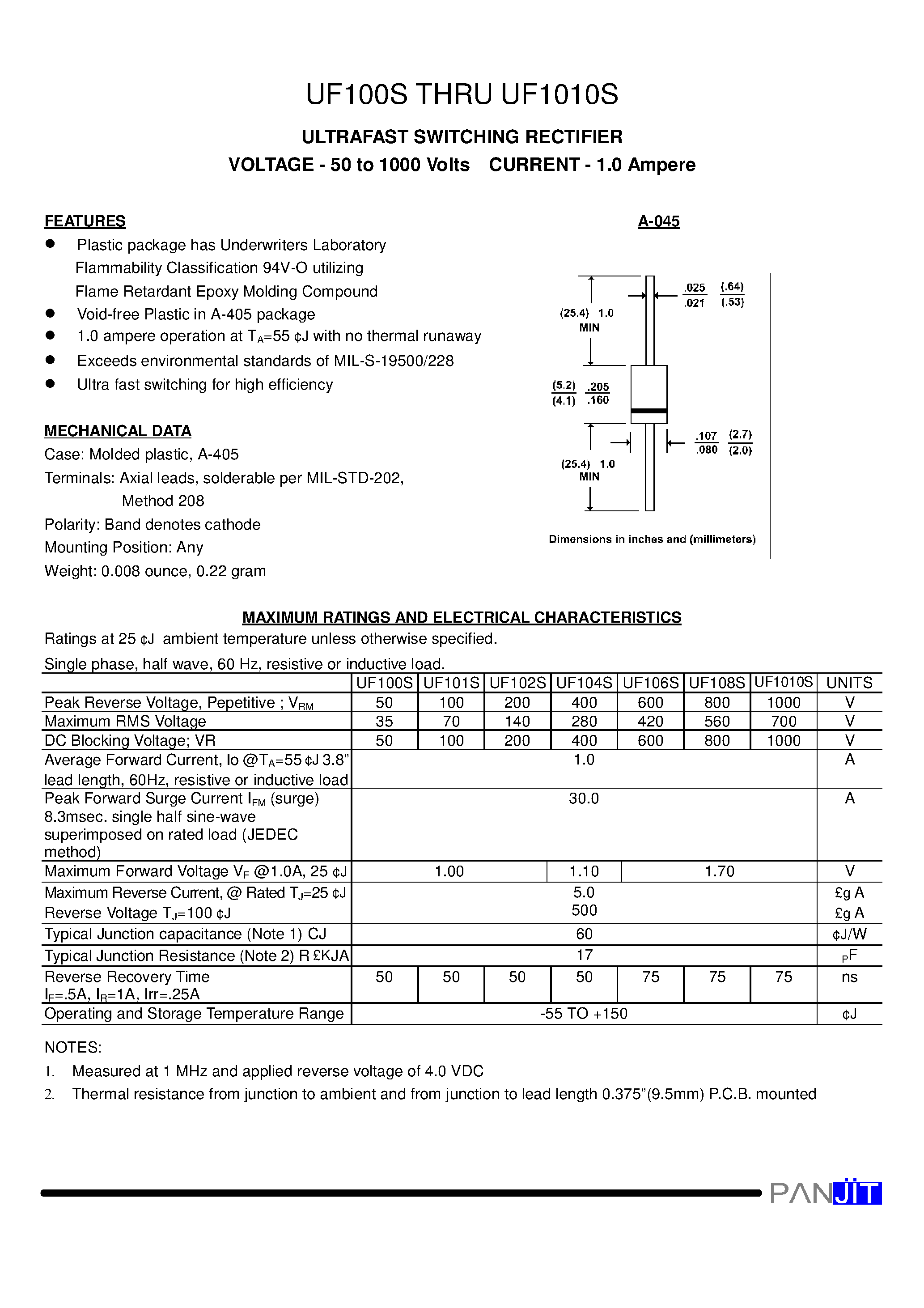 Datasheet UF100S - (UF100S - UF1010S) ULTRAFAST SWITCHING RECTIFIER page 1