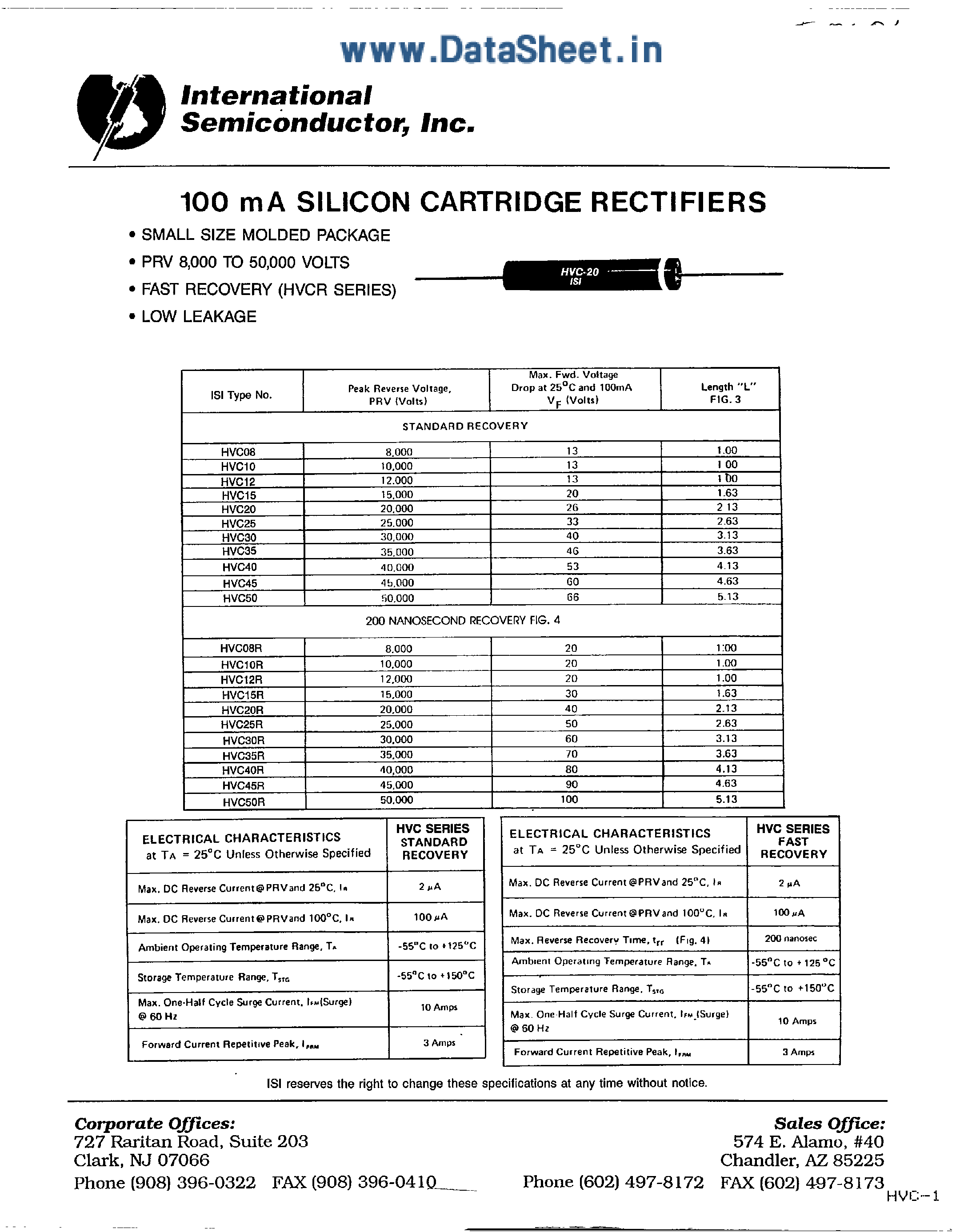 Datasheet HVC08R page 1 Datasheet HVC08R - (HVC Series) 100mA High Voltage Silicon Rectifiers page 1