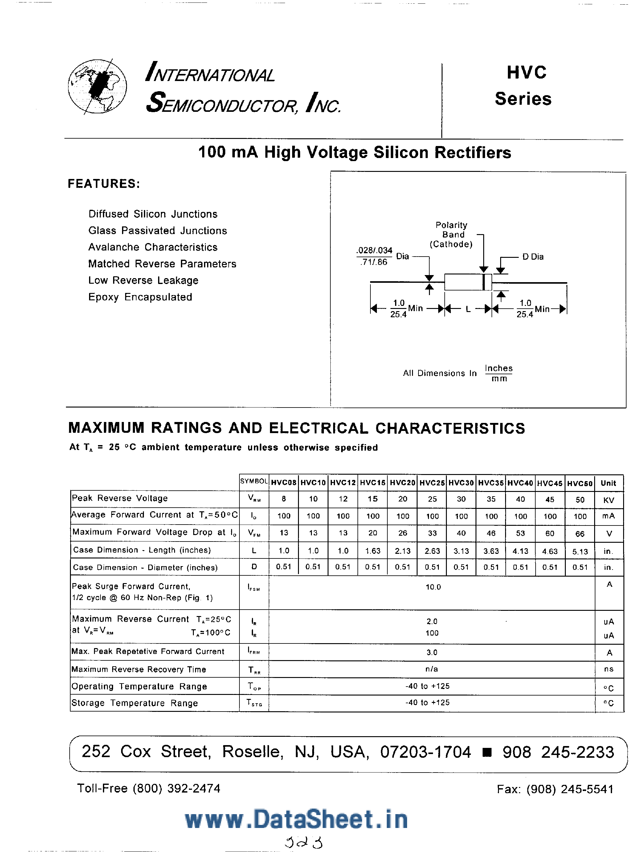 Datasheet HVC08 page 1 Datasheet HVC08 - (HVC Series) 100mA High Voltage Silicon Rectifiers page 1