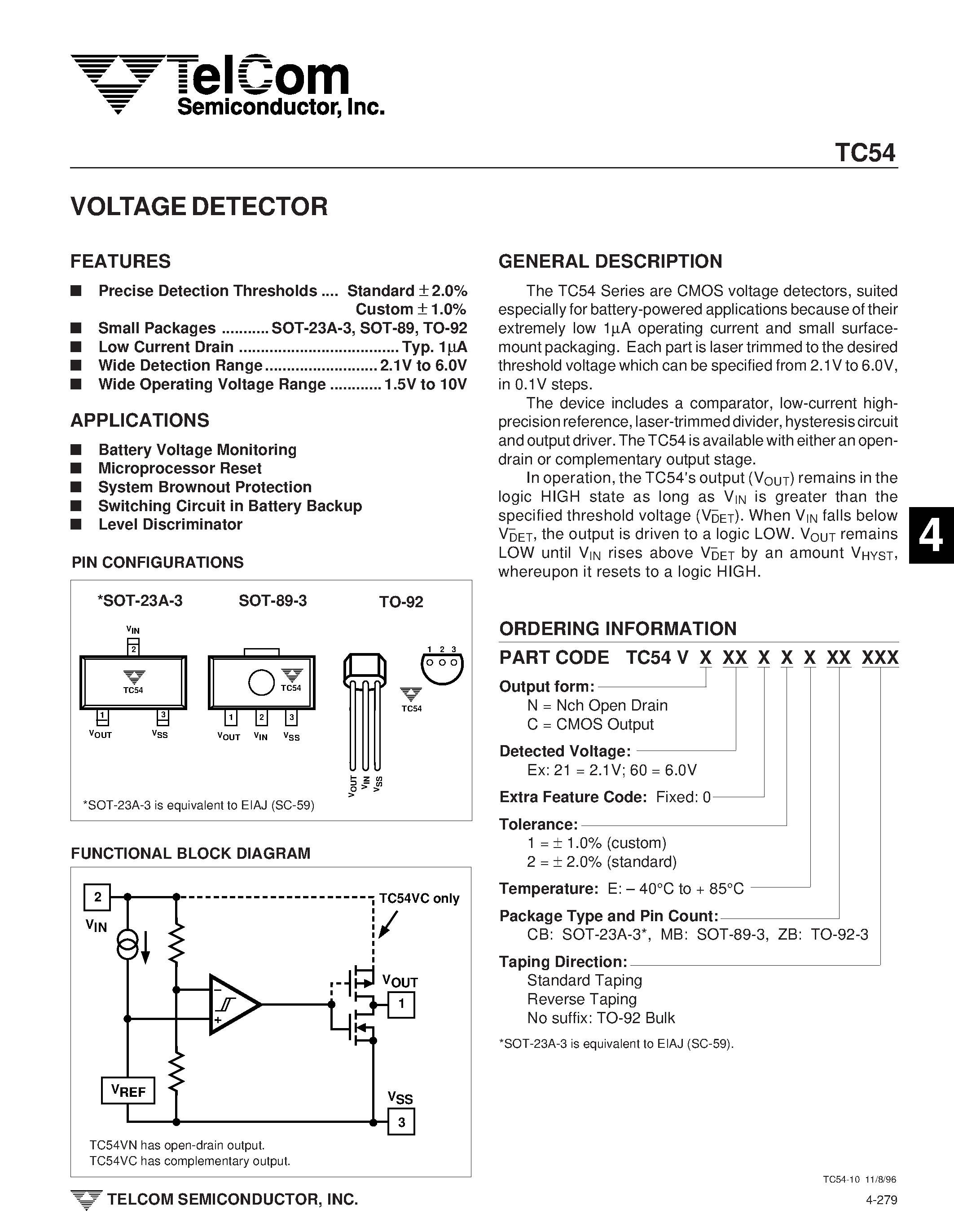 Даташит TC54xxxx - VOLTAGE DETECTOR страница 1