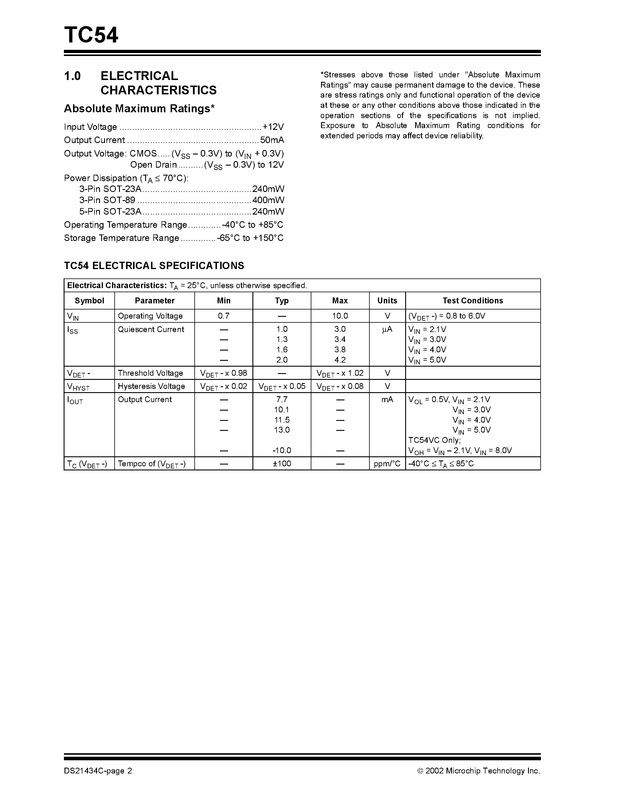 Даташит TC54xxxx - Voltage Detector страница 2