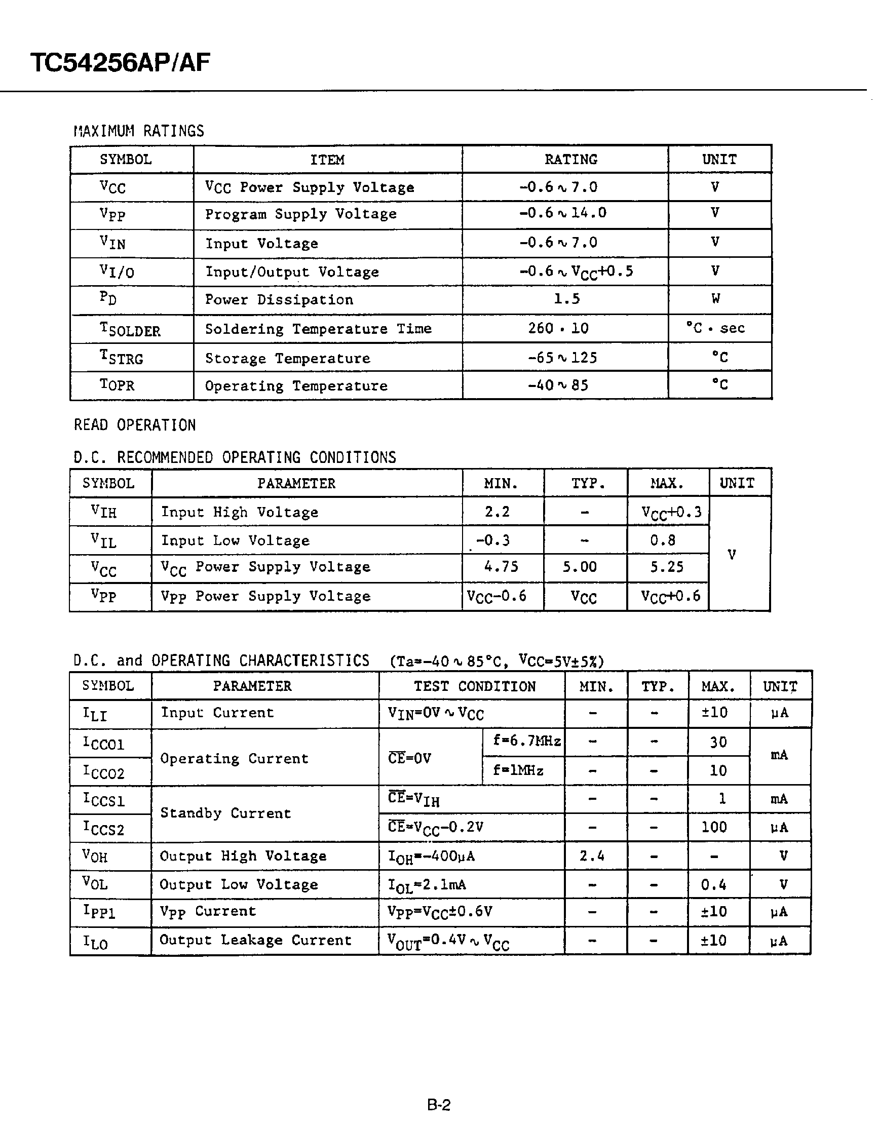 Даташит TC54256 - 32768 WORD x 8 BIT CMOS ONE TIME PROGRAMMABLE READ ONLY MEMORY страница 2