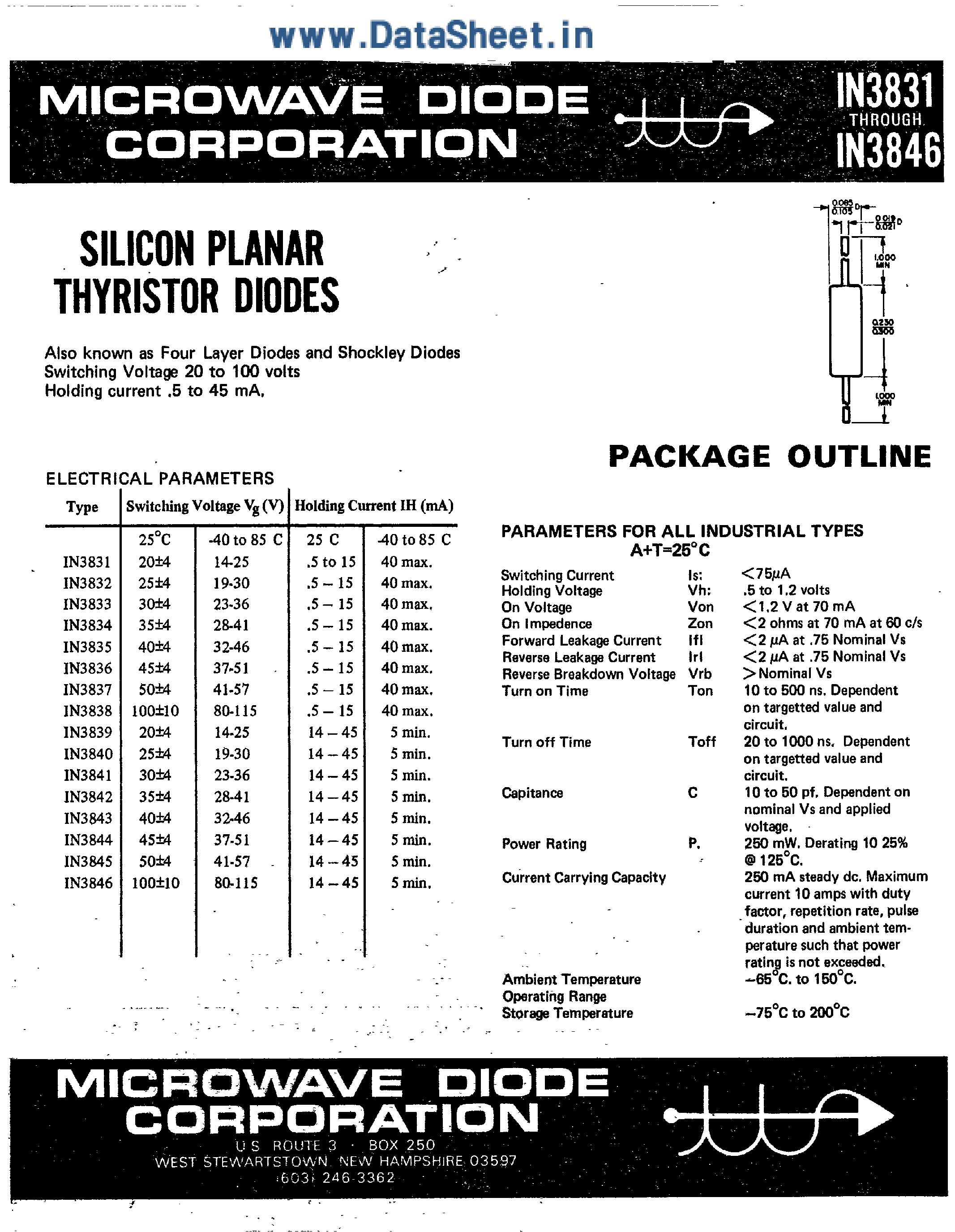 Даташит 1N3831 - (1N3831 - 1N3846) Silicon Planar Thyristor Diodes страница 1