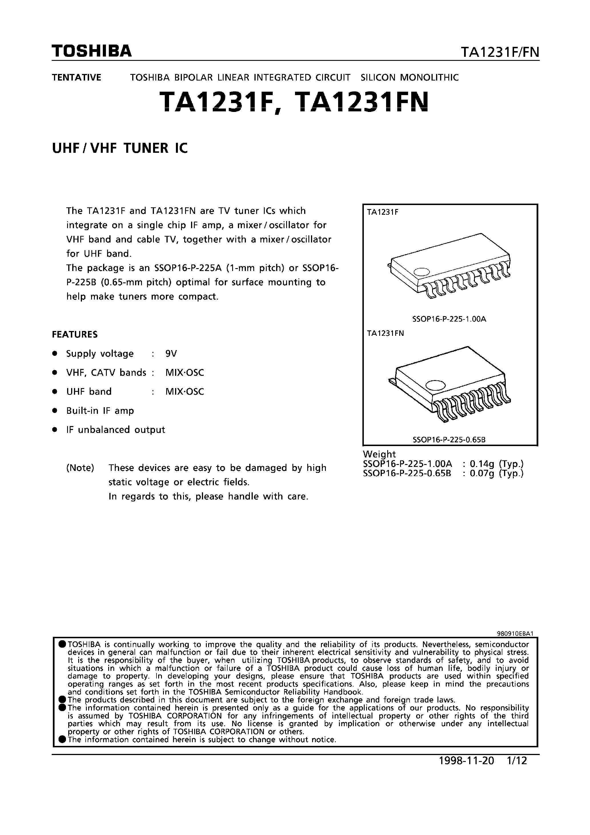 Datasheet TA1231 - UHF/VHF TUNER IC page 1