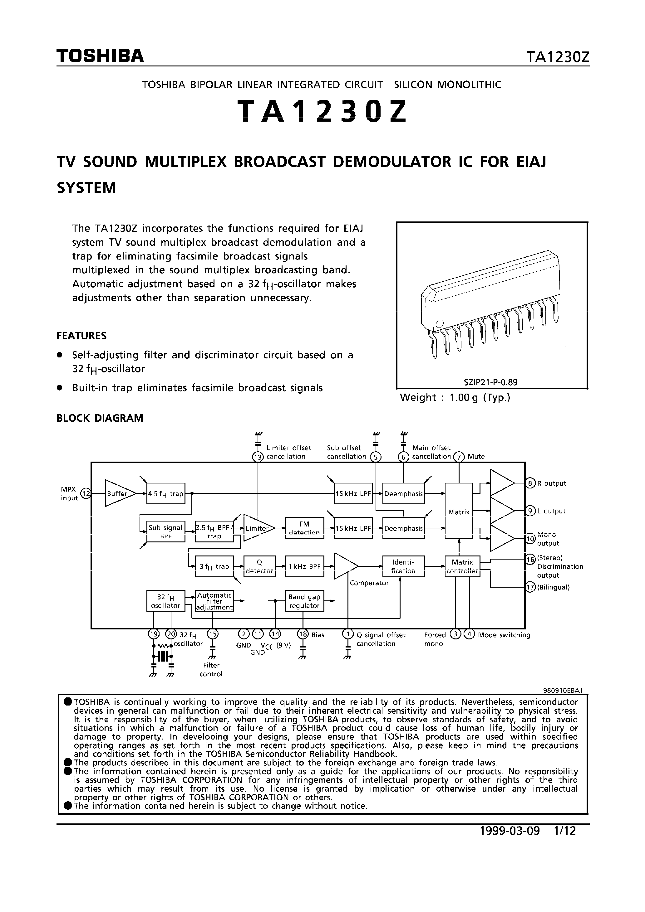 Datasheet TA1230Z - TV SOUND MULTIPLEX BROADCAST DEMODULATOR IC FOR EIAJ SYSTEM page 1