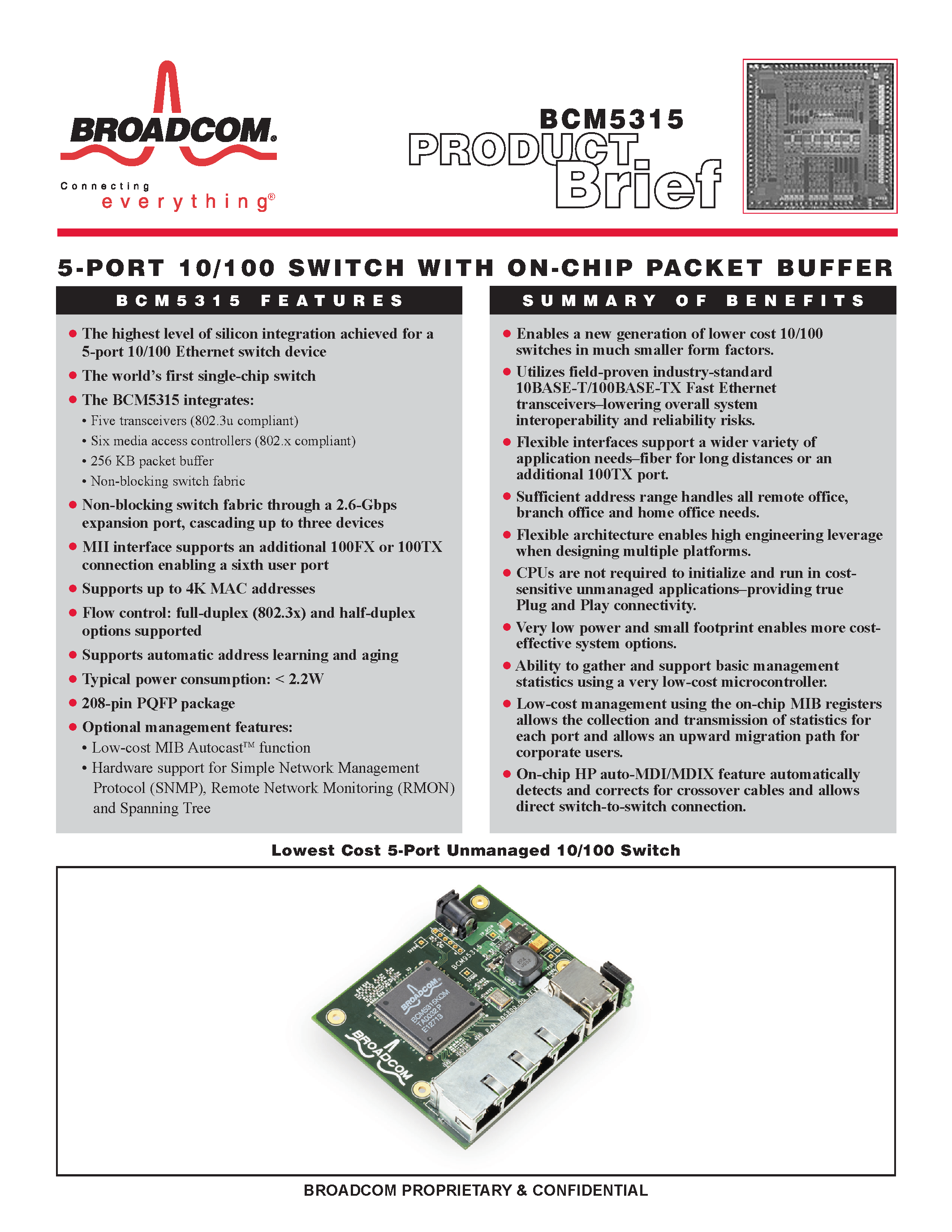 Datasheet BCM5315 - 5-PORT 10/100 SWITCH WITH ON-CHIP PACKET BUFFER page 1