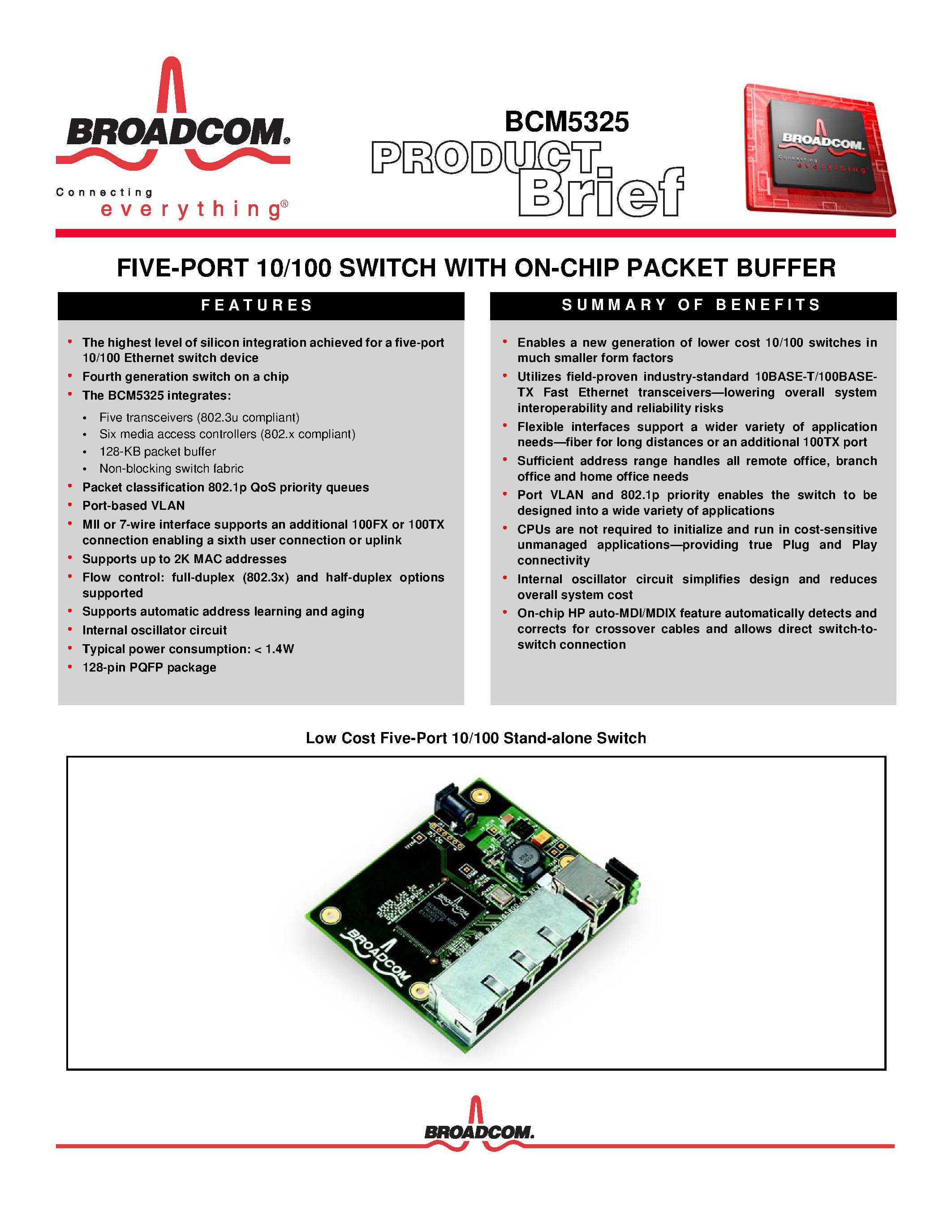 Datasheet BCM5325 - 5-Port 10/100 Switch page 1