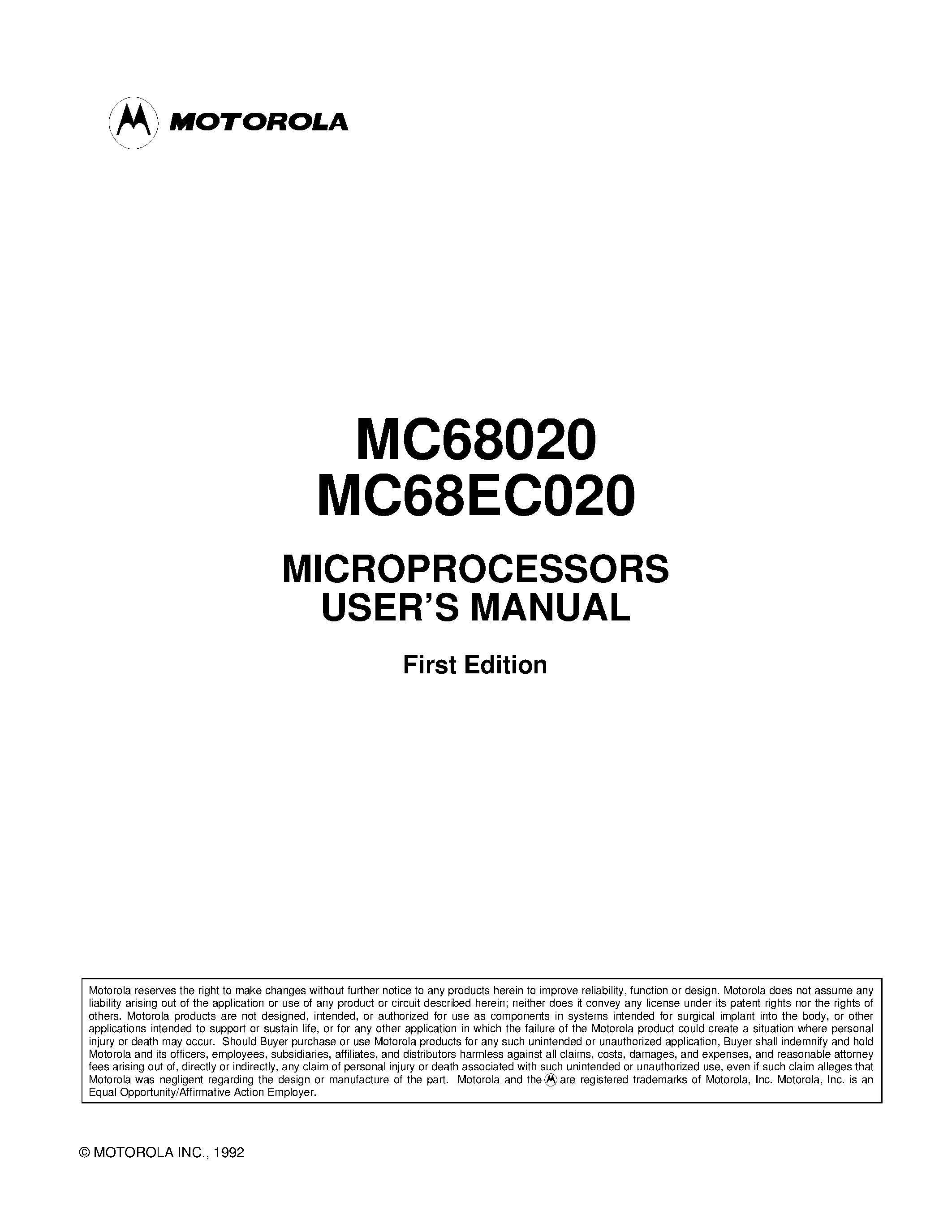 Даташит MC68020 - (MC68020 / MC68EC020) MICROPROCESSORS USERS MANUAL страница 1