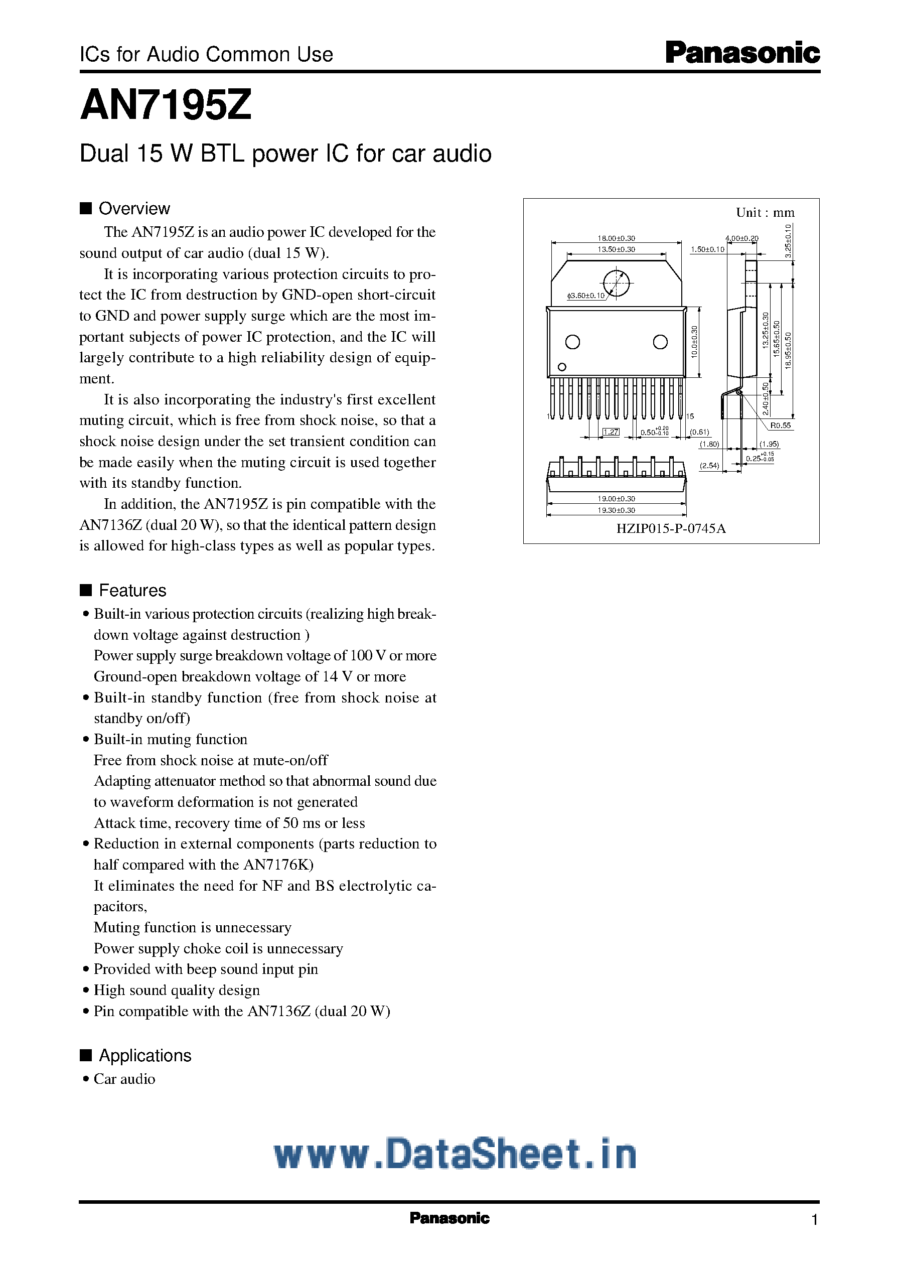 Даташит на микросхему AN7195Z страница 1 Даташит AN7195Z - Dual 15 W BTL Power ic For Car Audio страница 1