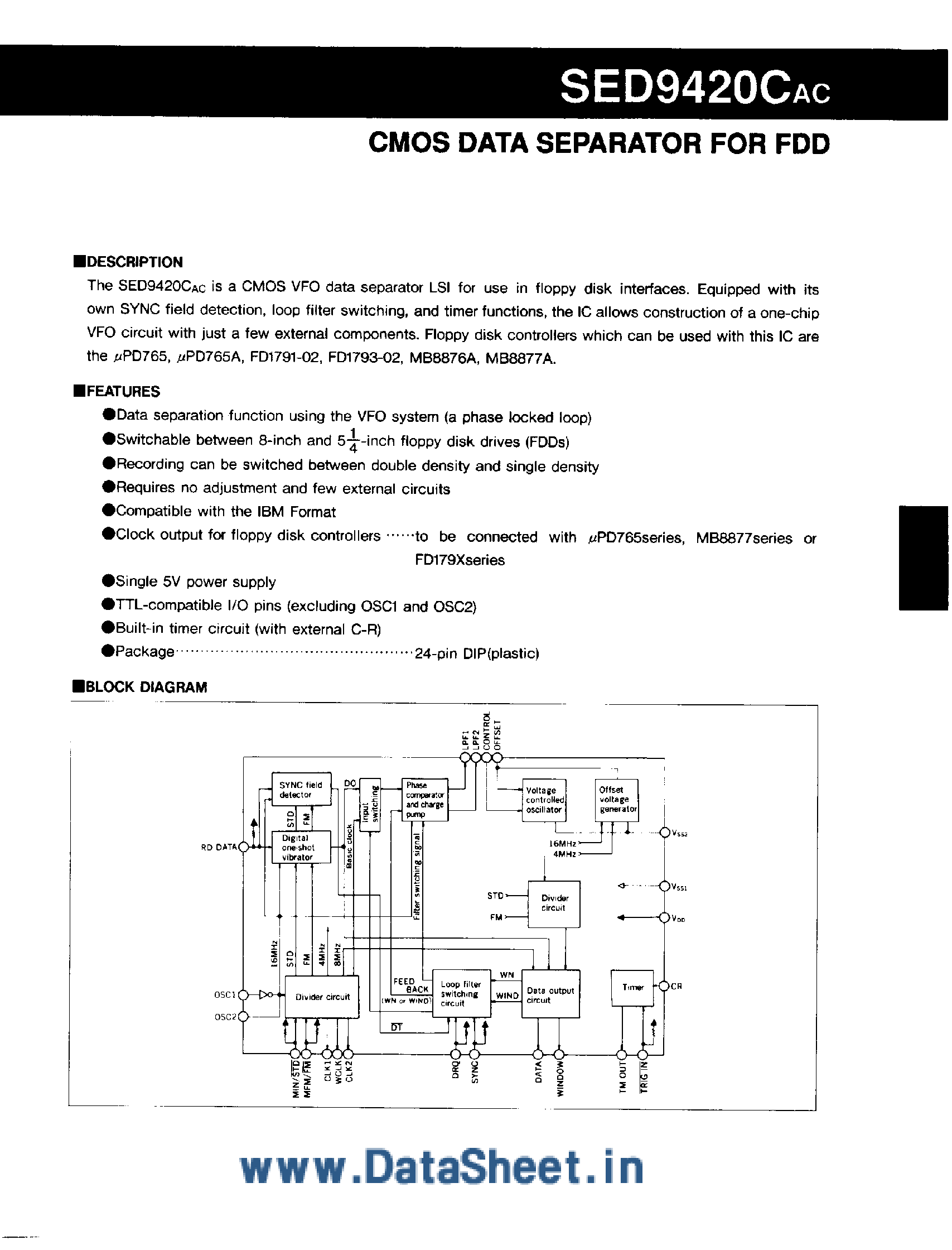 Даташит на микросхему SED9420CAC страница 1 Даташит SED9420CAC - CMOS Data Separator for FDD страница 1