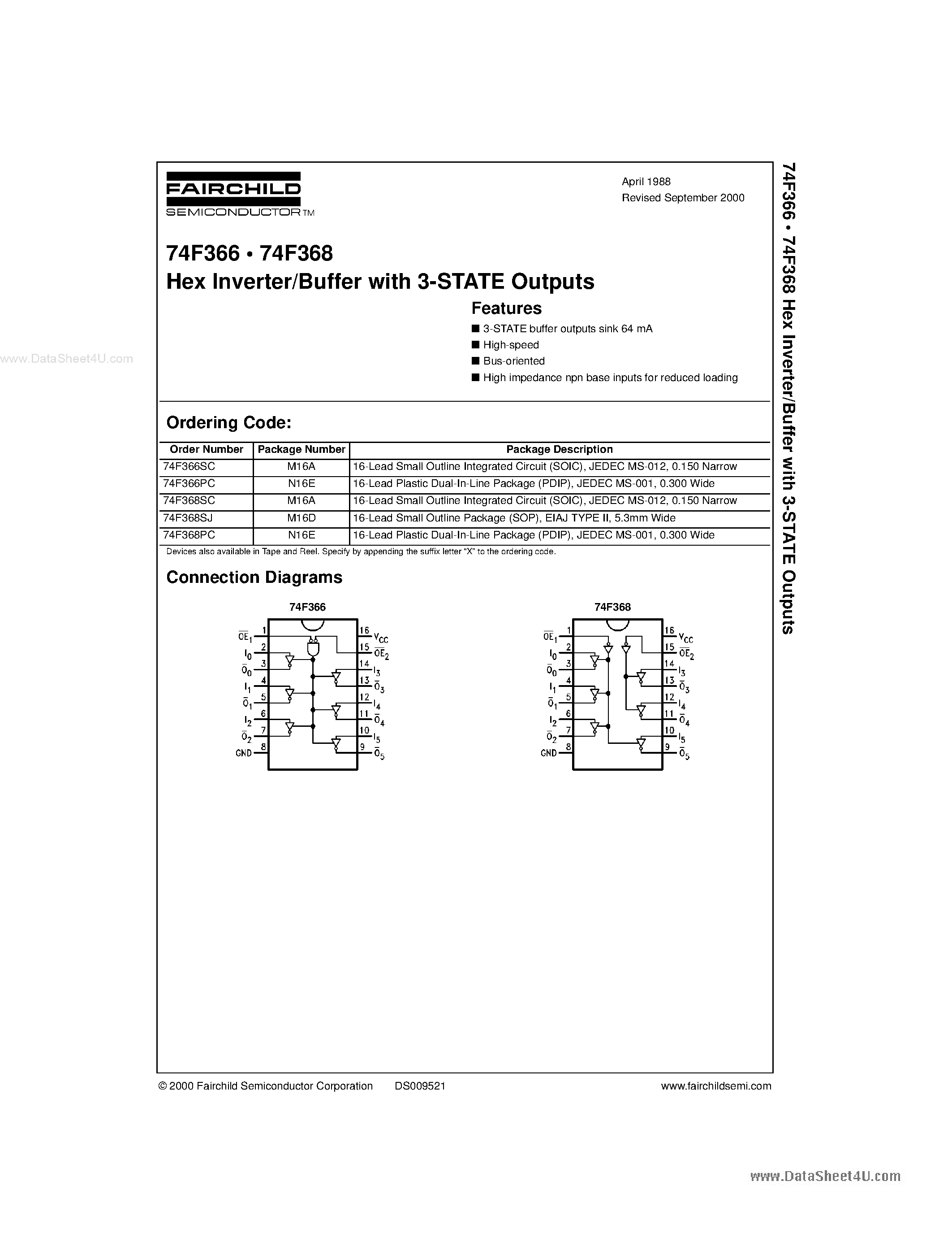 Даташит 74F366 - (74F366 / 74F368) Hex Inverter / Buffer with 3-State Outputs страница 1